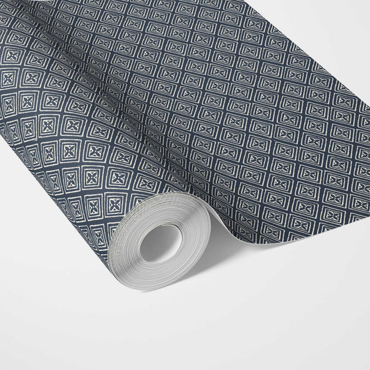 Small Diamond Lattice/ Textured Check Traditional Wallpaper Sample (Midnight Blue/ White)