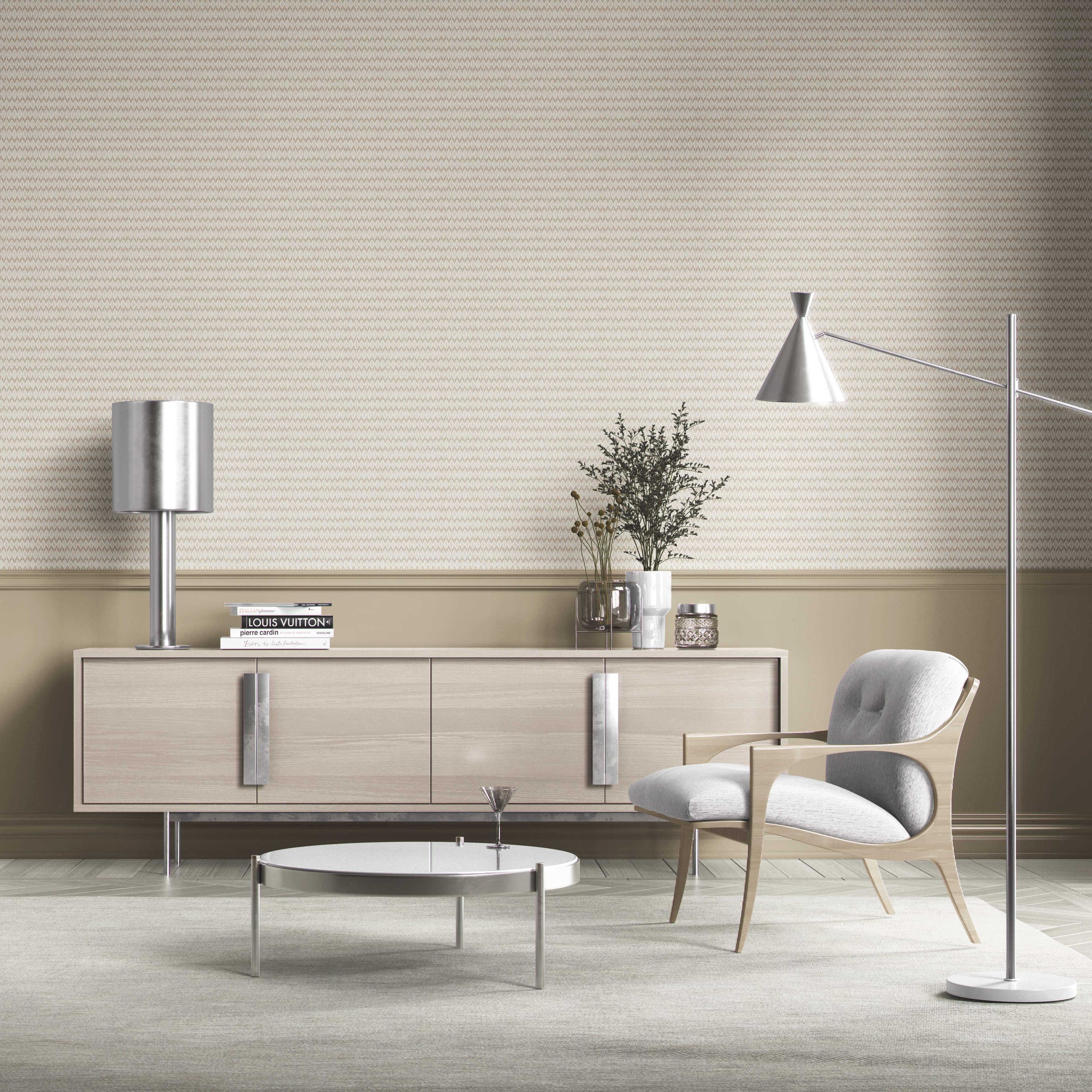 Neutral Ikat Striped Bathroom Wallpaper (Beige/ Tan/ White)