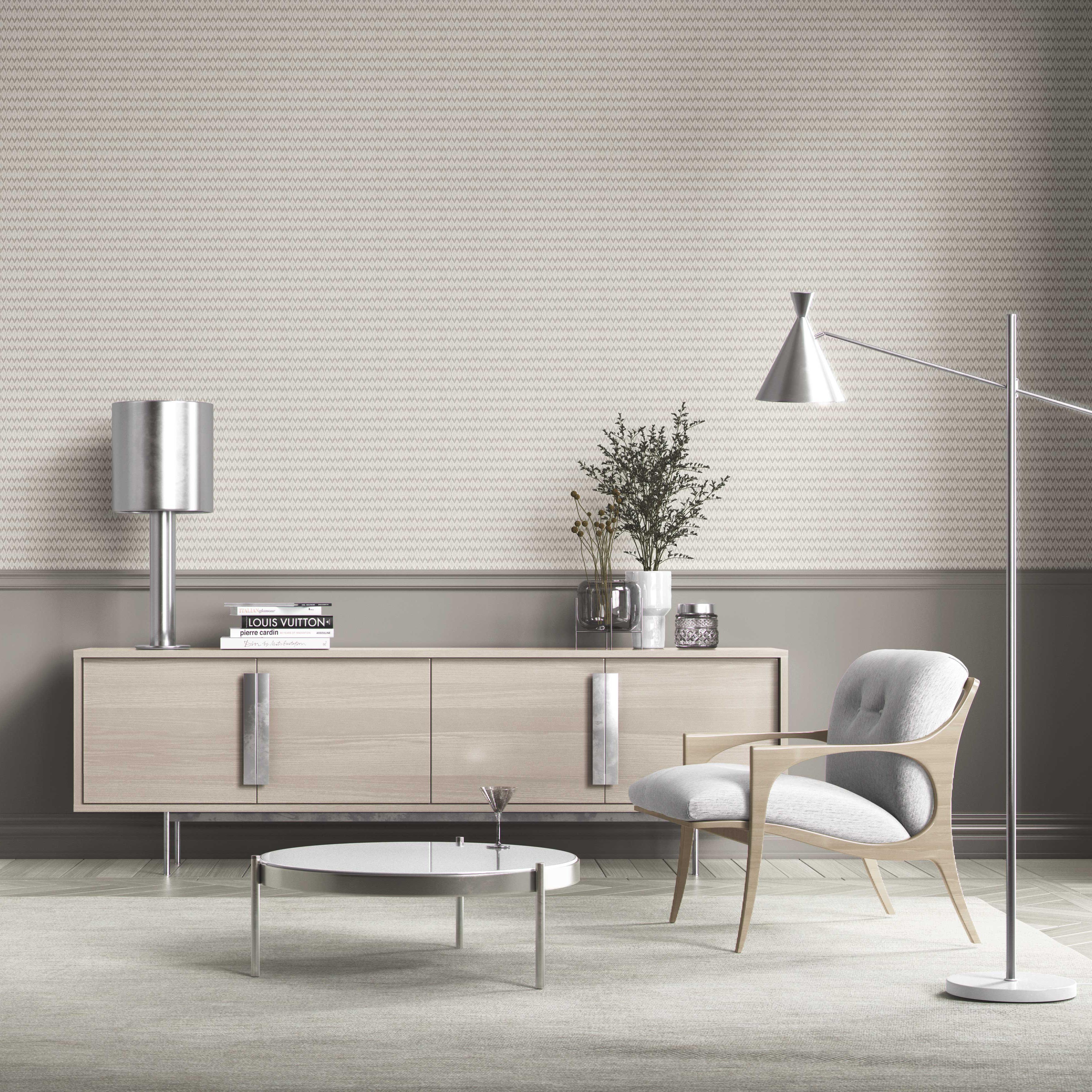 Neutral Ikat Striped Bathroom Wallpaper Sample (Gray/ Greige/ White)