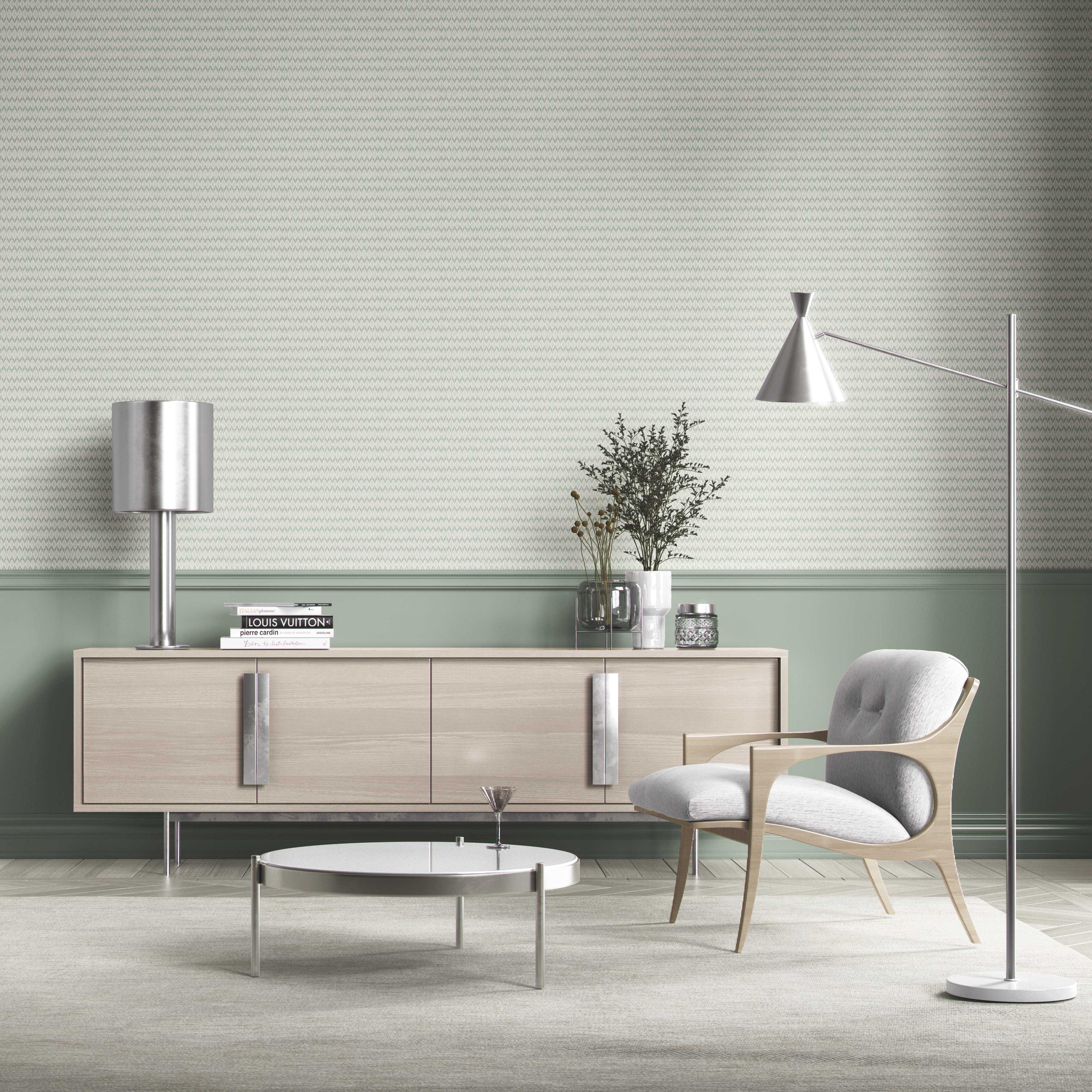 Geometric Ikat Striped Bathroom Wallpaper Sample (Duck Egg Blue/ White)