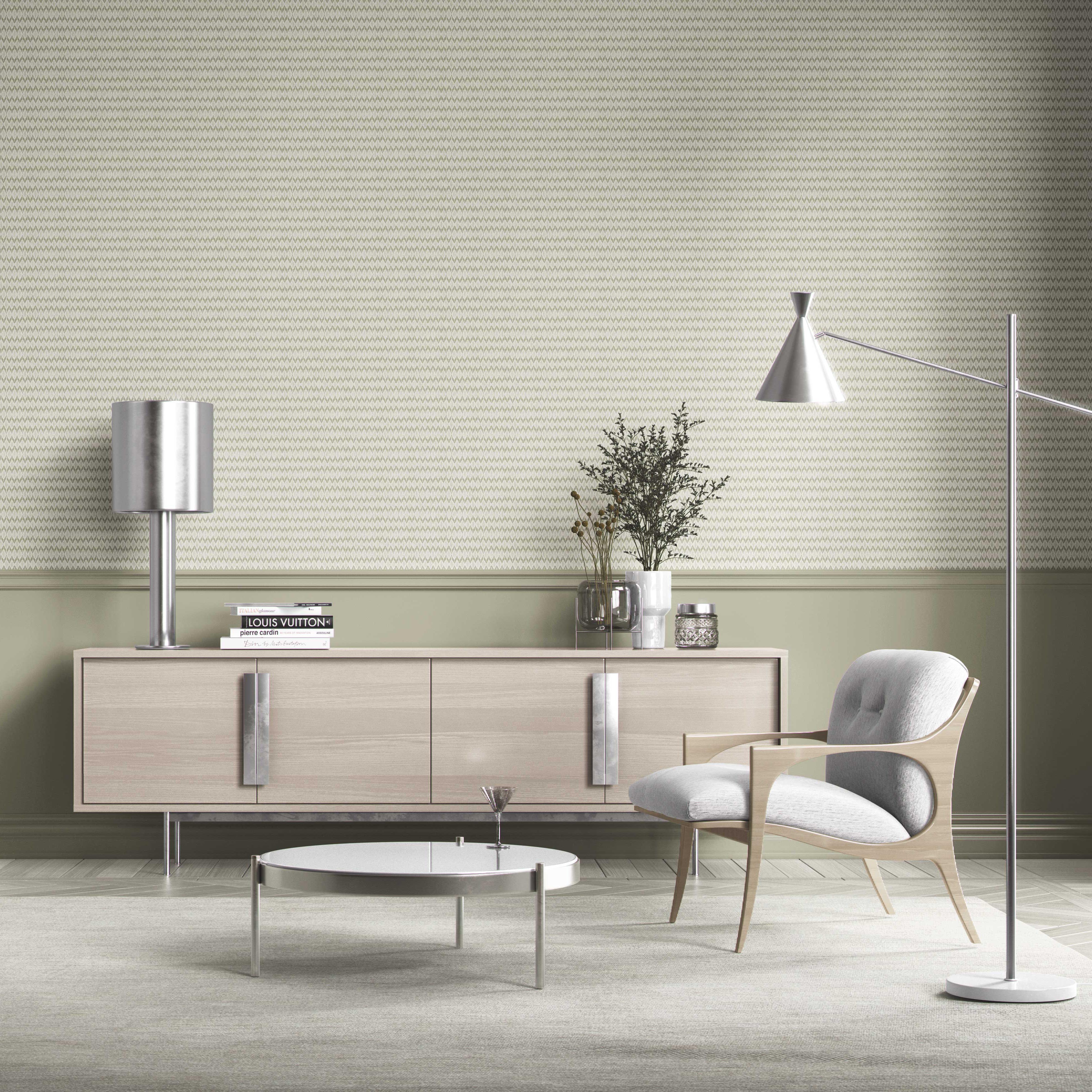Geometric Ikat Striped Bathroom Wallpaper Sample (Olive Green/ White)