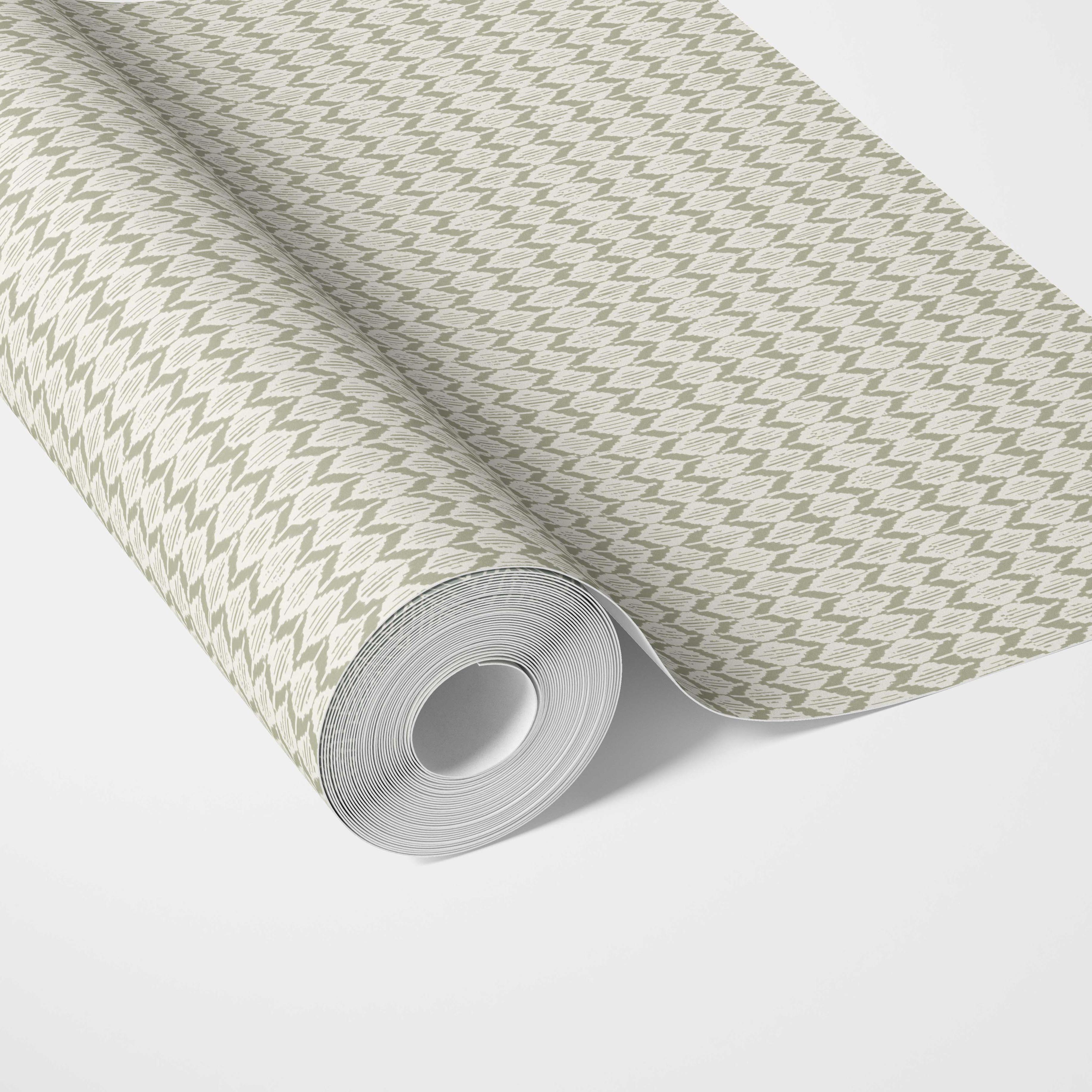 Geometric Ikat Striped Traditional Wallpaper Sample (Olive Green/ White)