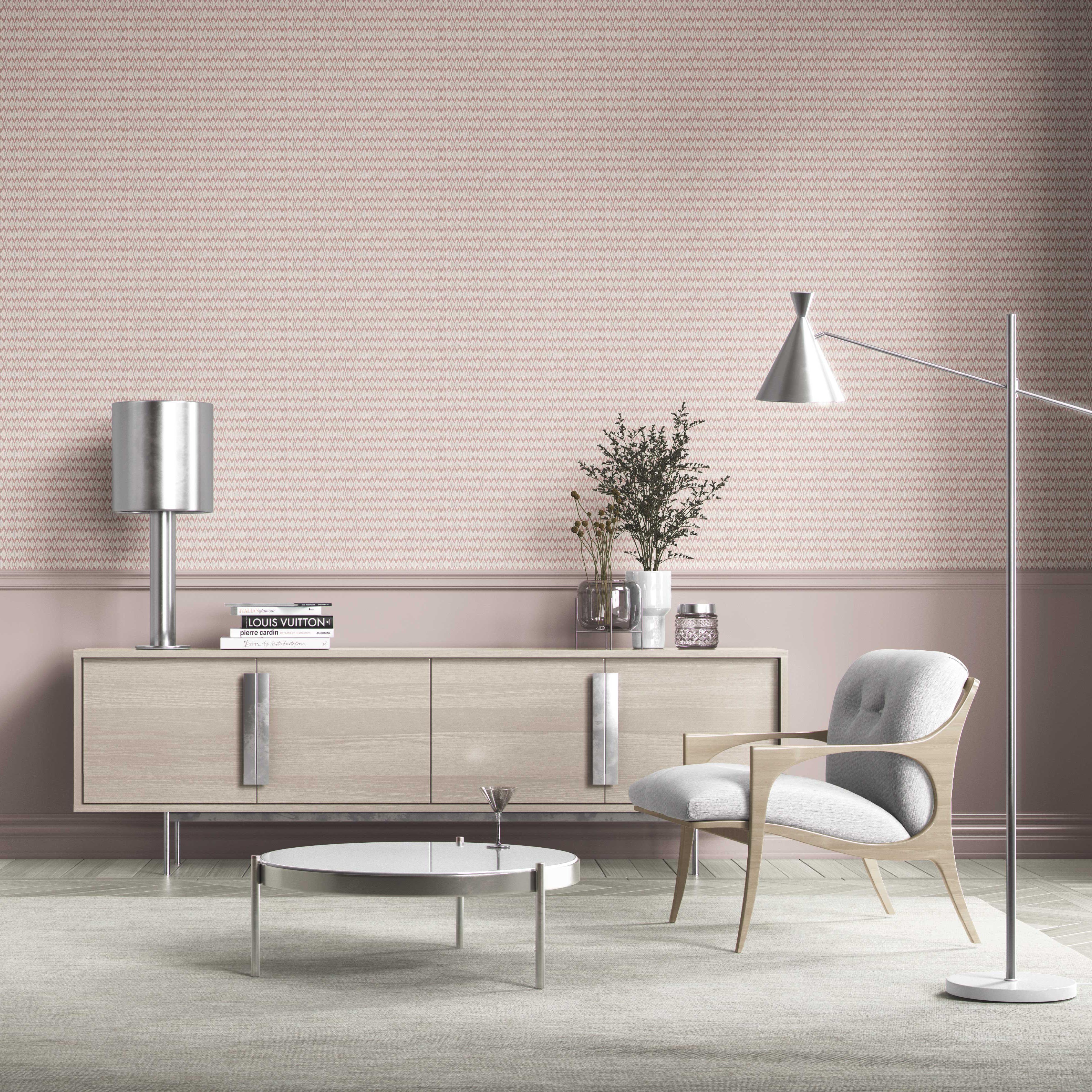 Geometric Ikat Striped Bathroom Wallpaper (Pink/ White)