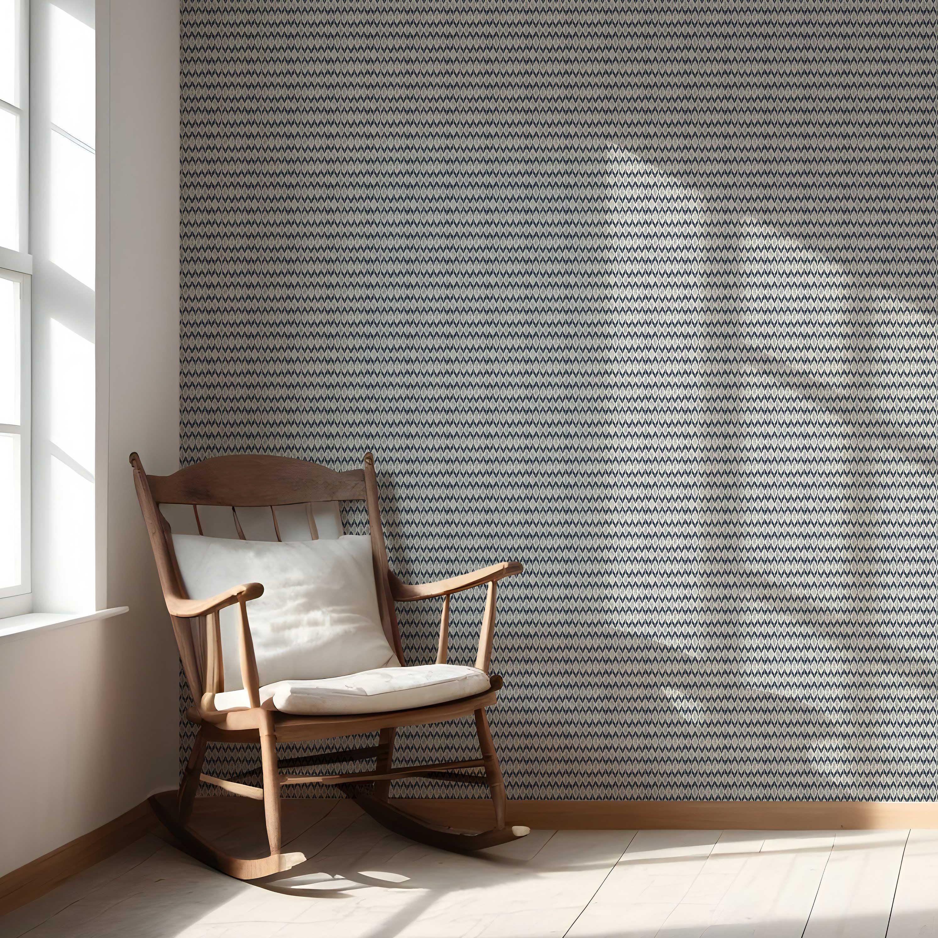 Geometric Ikat Striped Nursery Wallpaper (Navy Blue/ White)