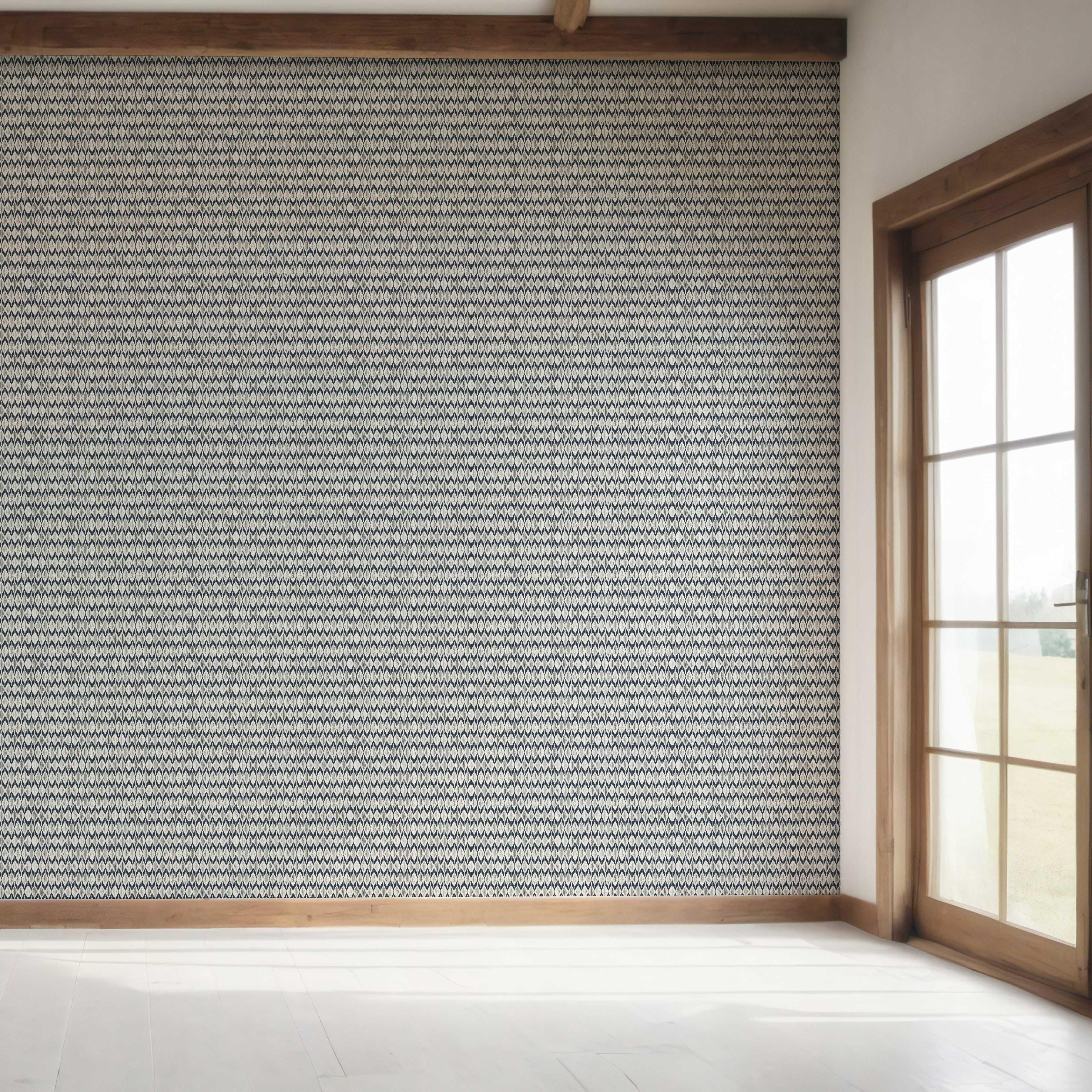 Geometric Ikat Striped Bedroom Wallpaper Sample (Navy Blue/ White)