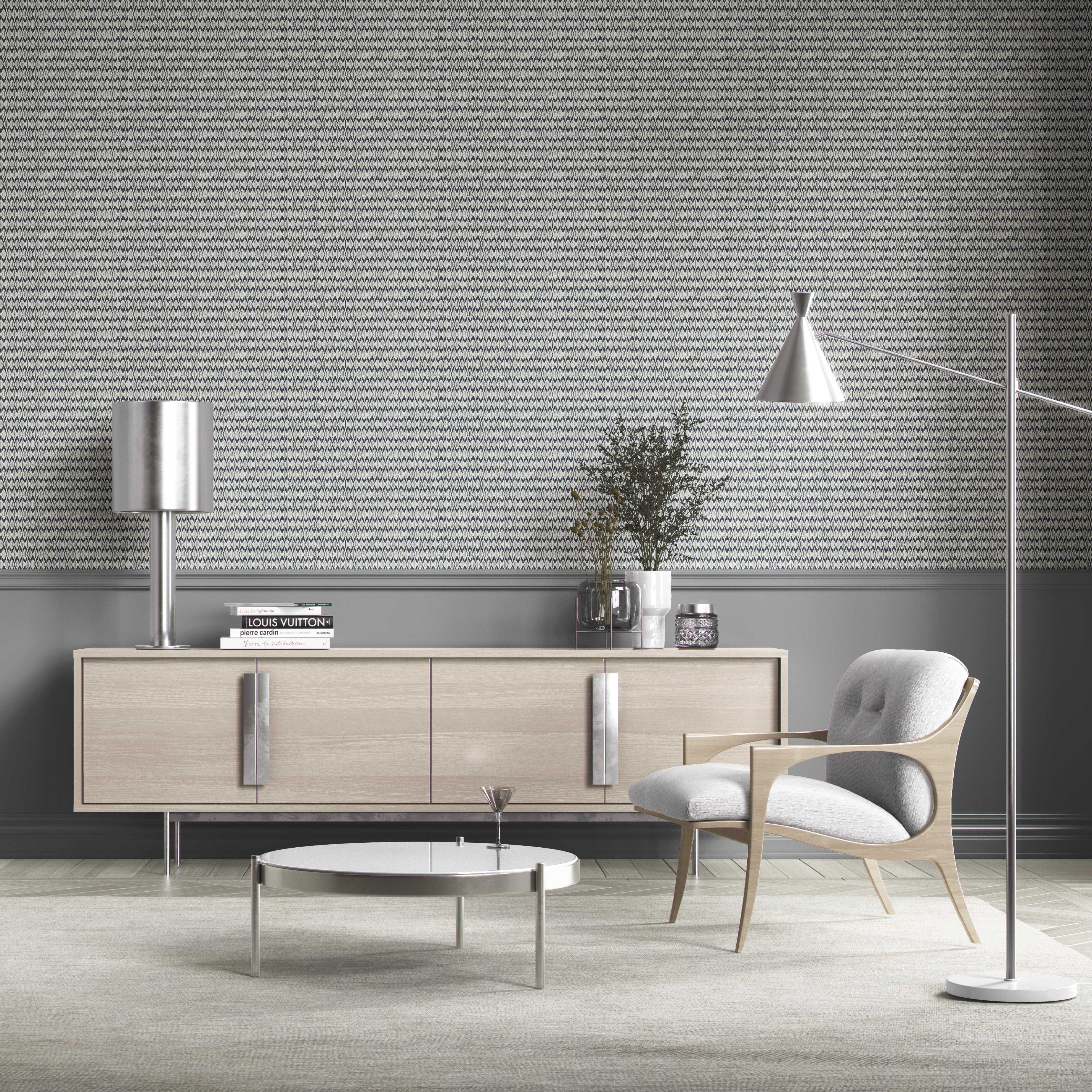 Geometric Ikat Striped Bathroom Wallpaper Sample (Navy Blue/ White)