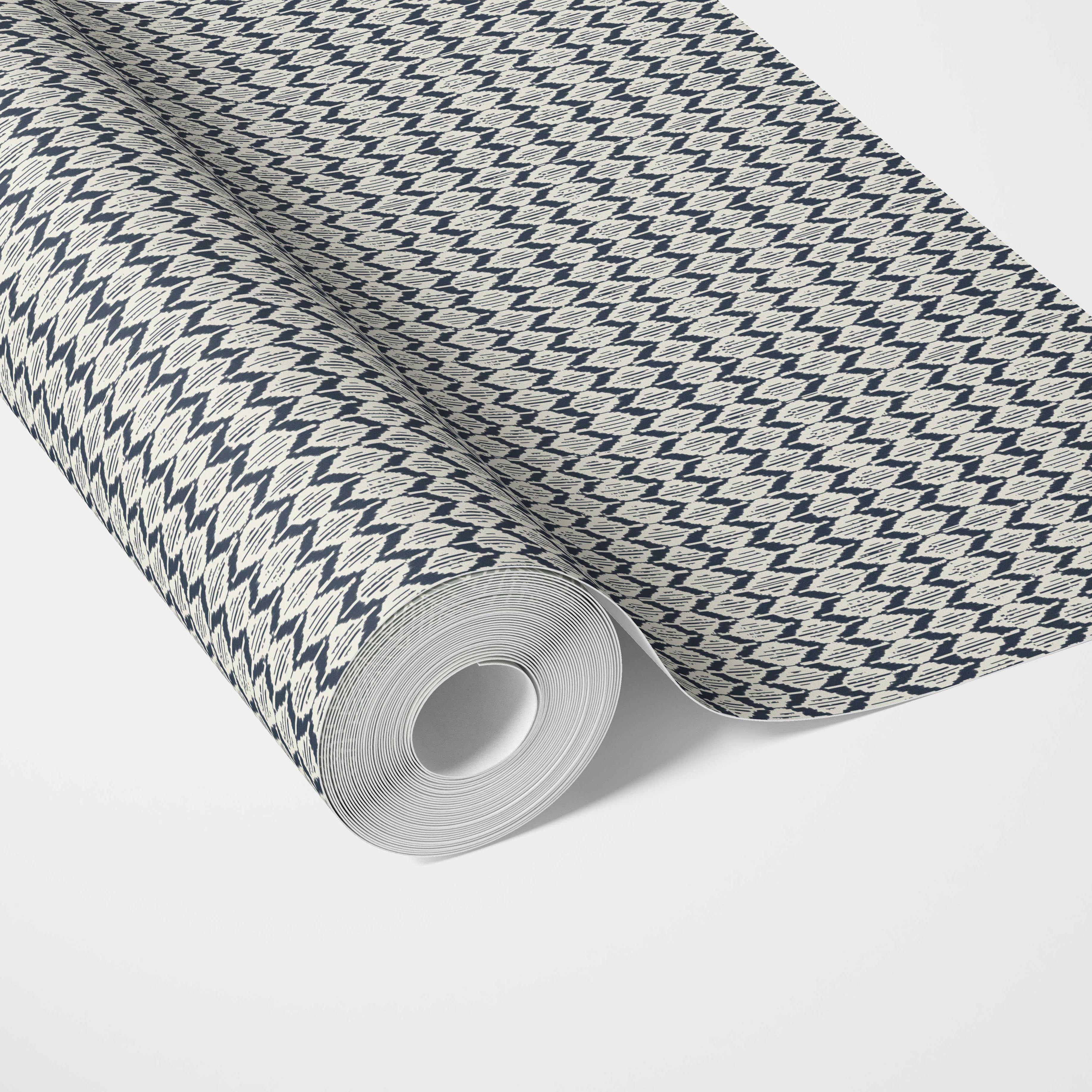 Geometric Ikat Striped Traditional Wallpaper Sample (Navy Blue/ White)