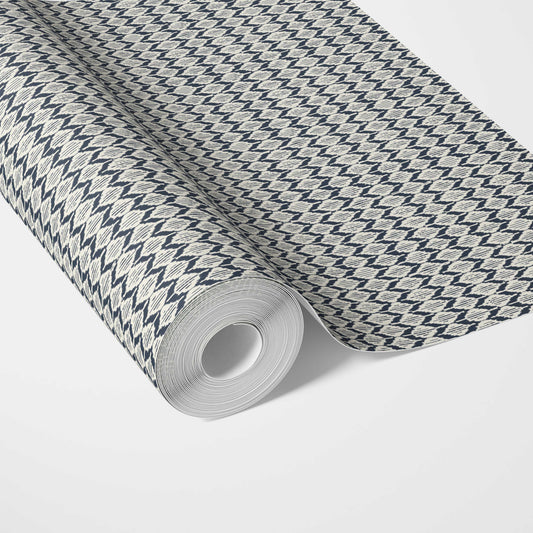 Geometric Ikat Striped Traditional Wallpaper Sample (Navy Blue/ White)