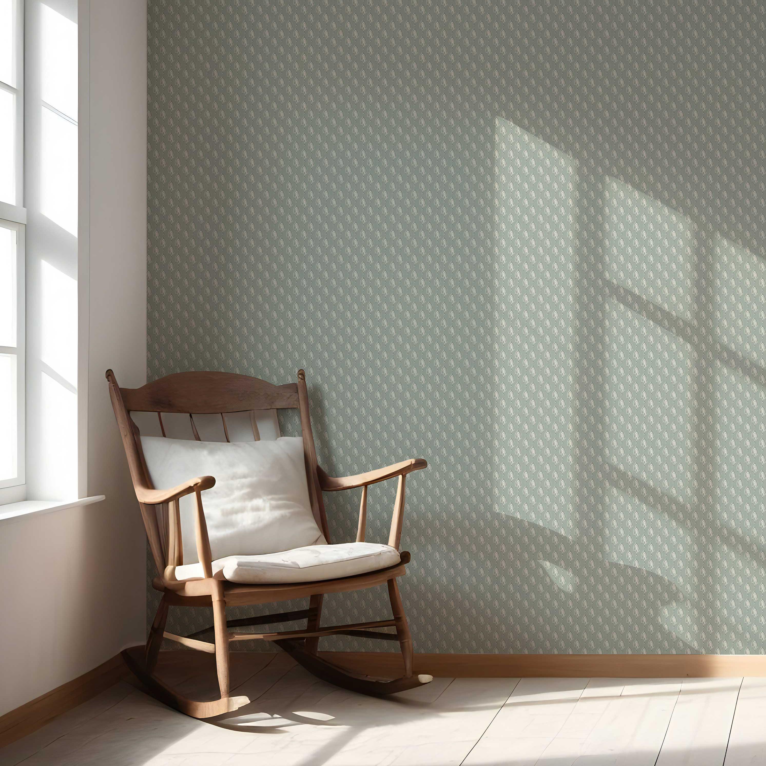 Textured Teardrop/ Paisley Block Print Nursery Wallpaper Sample (Green-Gray/ White)