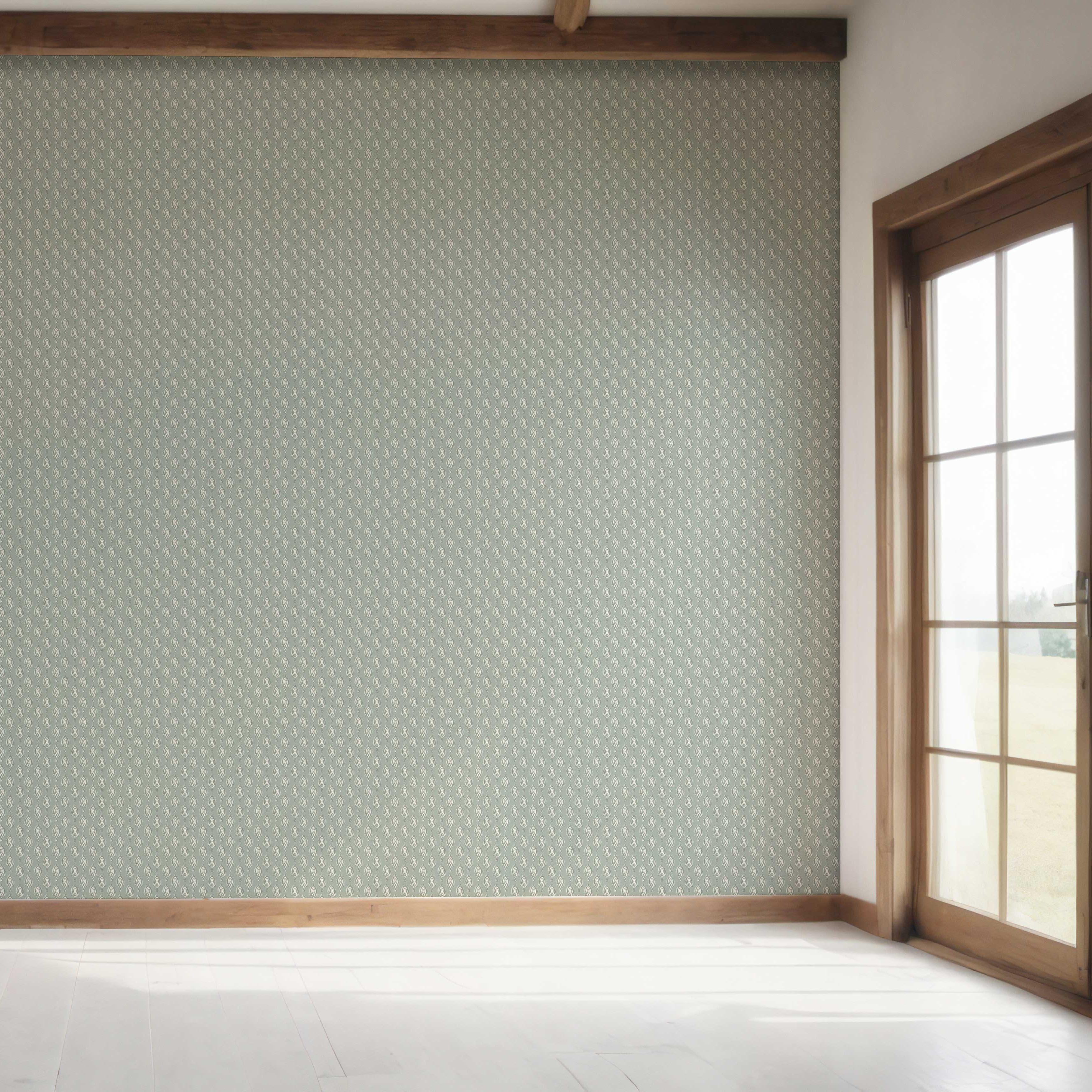 Textured Teardrop/ Paisley Block Print Bedroom Wallpaper (Green-Gray/ White)