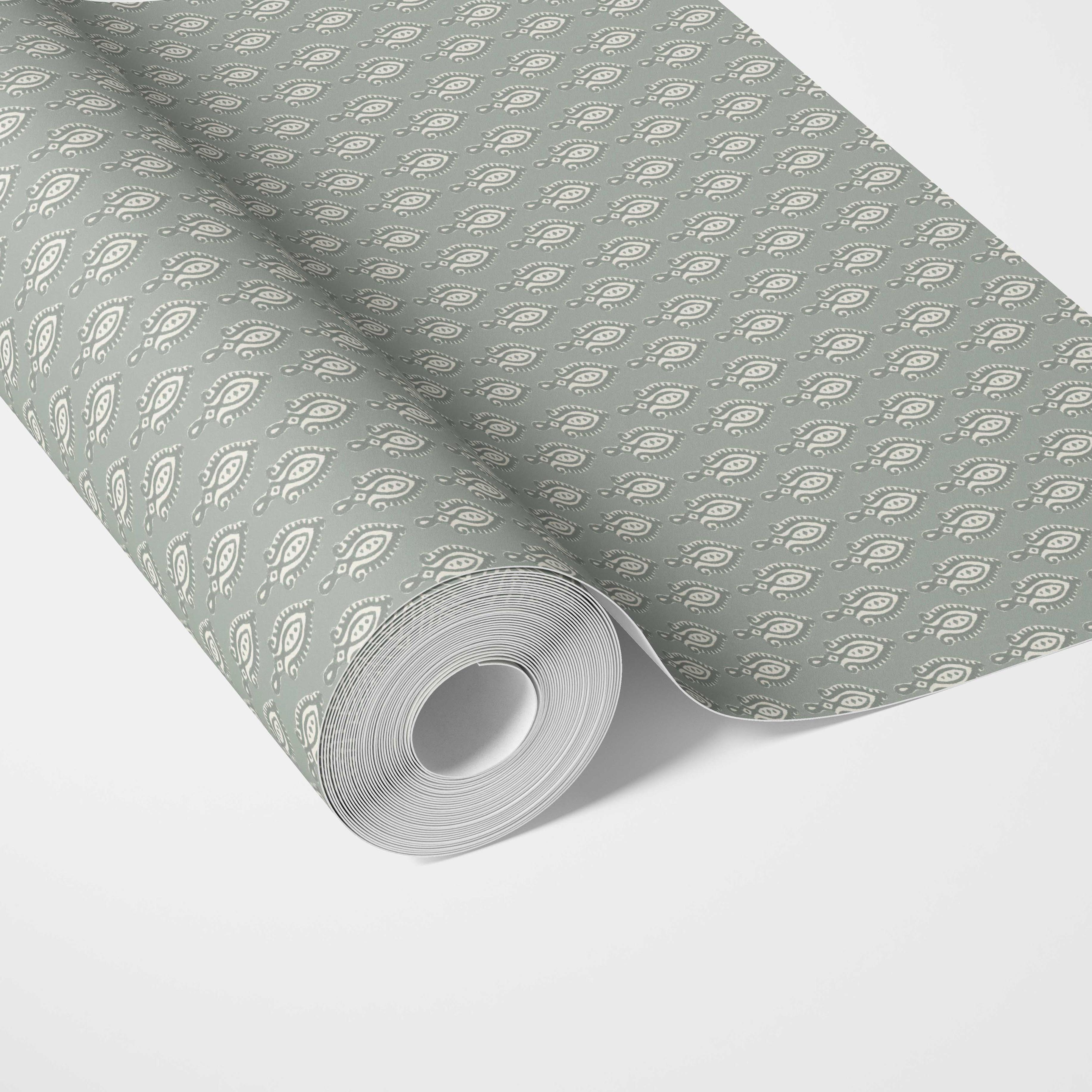 Textured Teardrop/ Paisley Block Print Traditional Wallpaper (Green-Gray/ White)