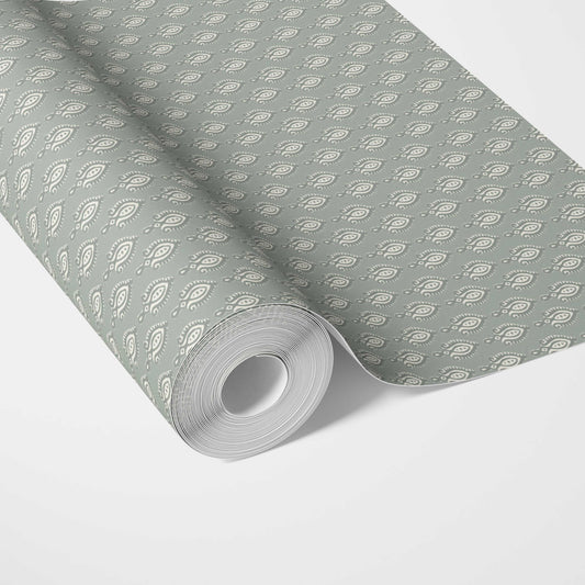 Textured Teardrop/ Paisley Block Print Traditional Wallpaper Sample (Green-Gray/ White)