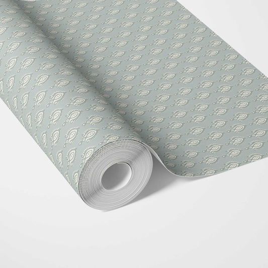 Textured Teardrop/ Paisley Block Print Traditional Wallpaper Sample (Blue-Gray/ White)