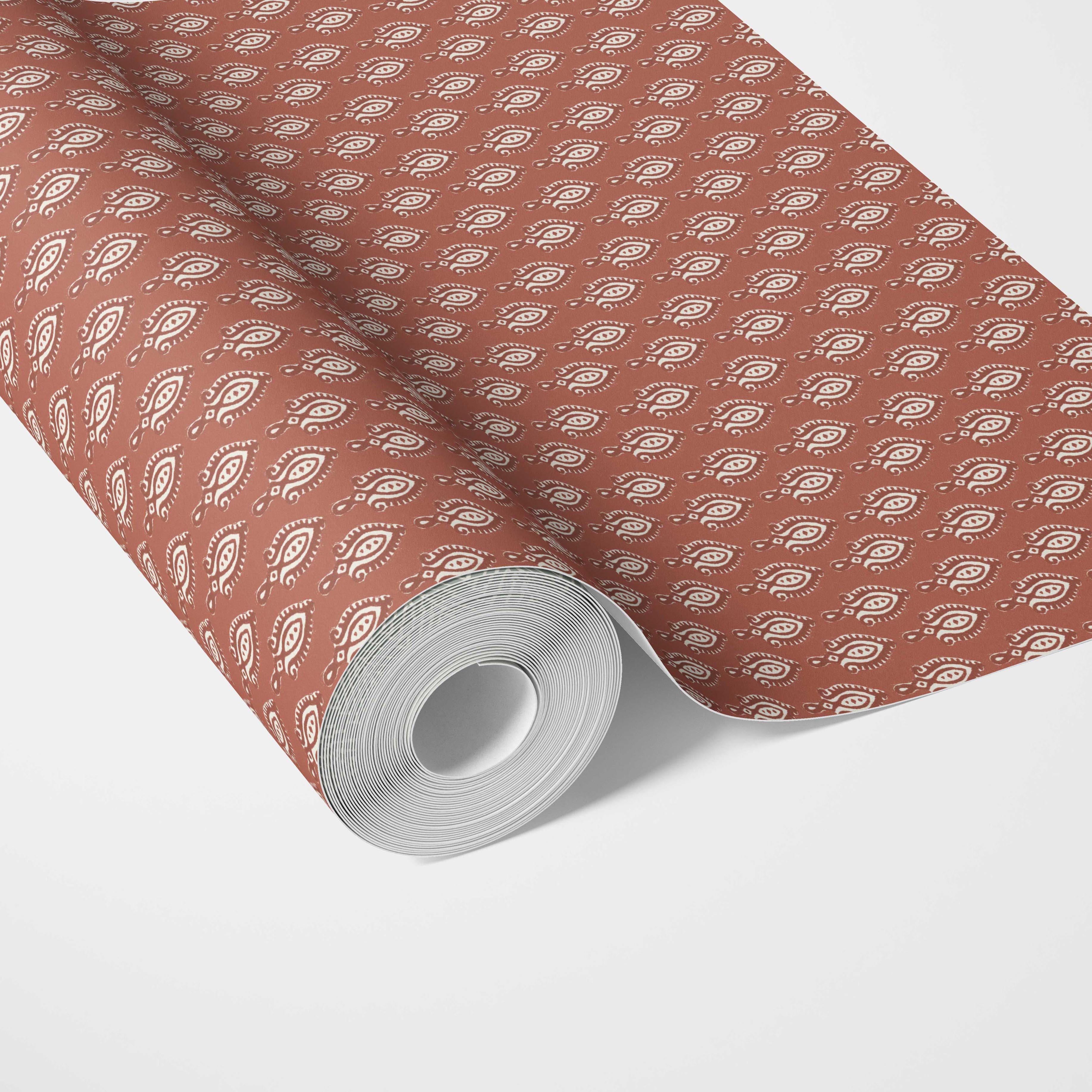 Textured Teardrop/ Paisley Block Print Traditional Wallpaper Sample (Red/ White)