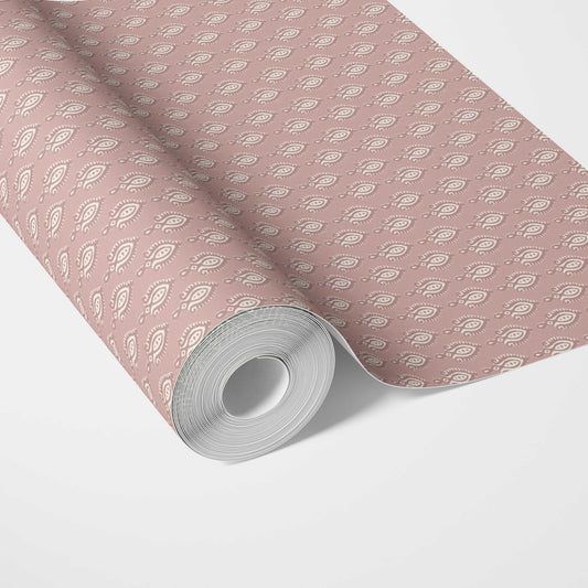 Textured Teardrop/ Paisley Block Print Traditional Wallpaper Sample (Rose Pink/ White)