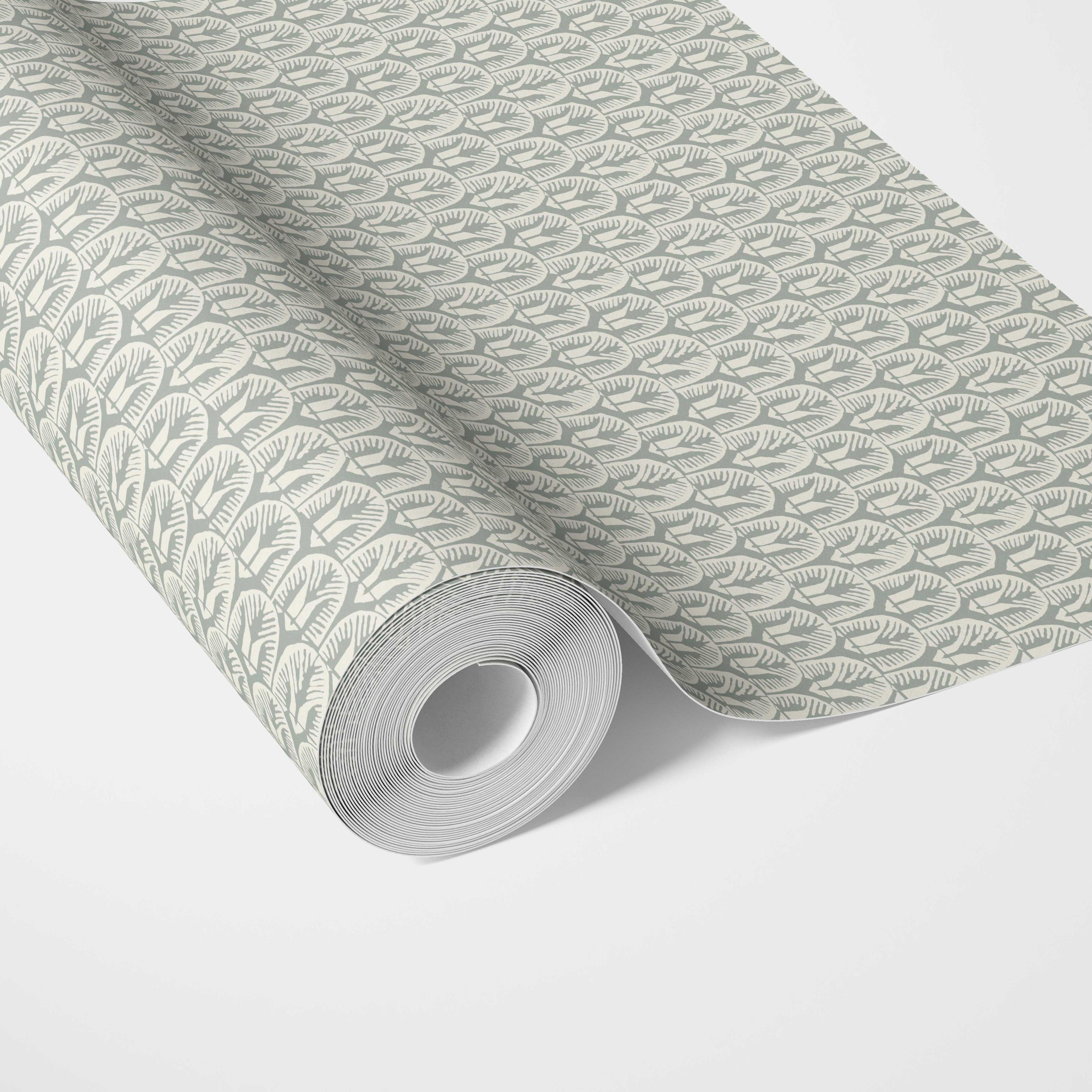 Geometric Scallops Floral Traditional Wallpaper Sample (Green-Gray/ White)