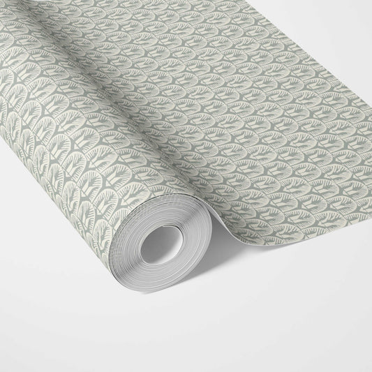 Geometric Scallops Floral Traditional Wallpaper Sample (Green-Gray/ White)