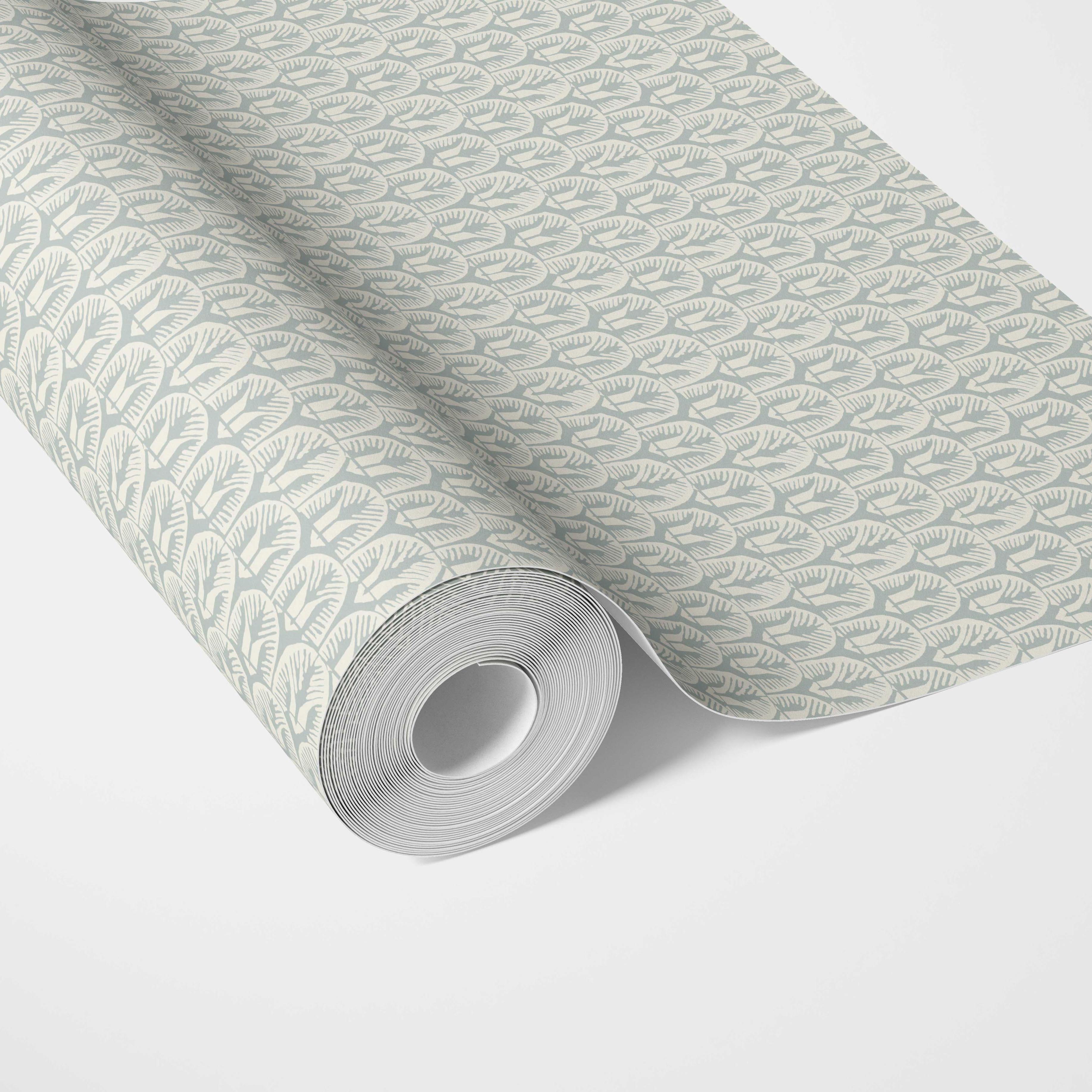 Geometric Scallops Floral Traditional Wallpaper (Duck Egg Blue/ White)