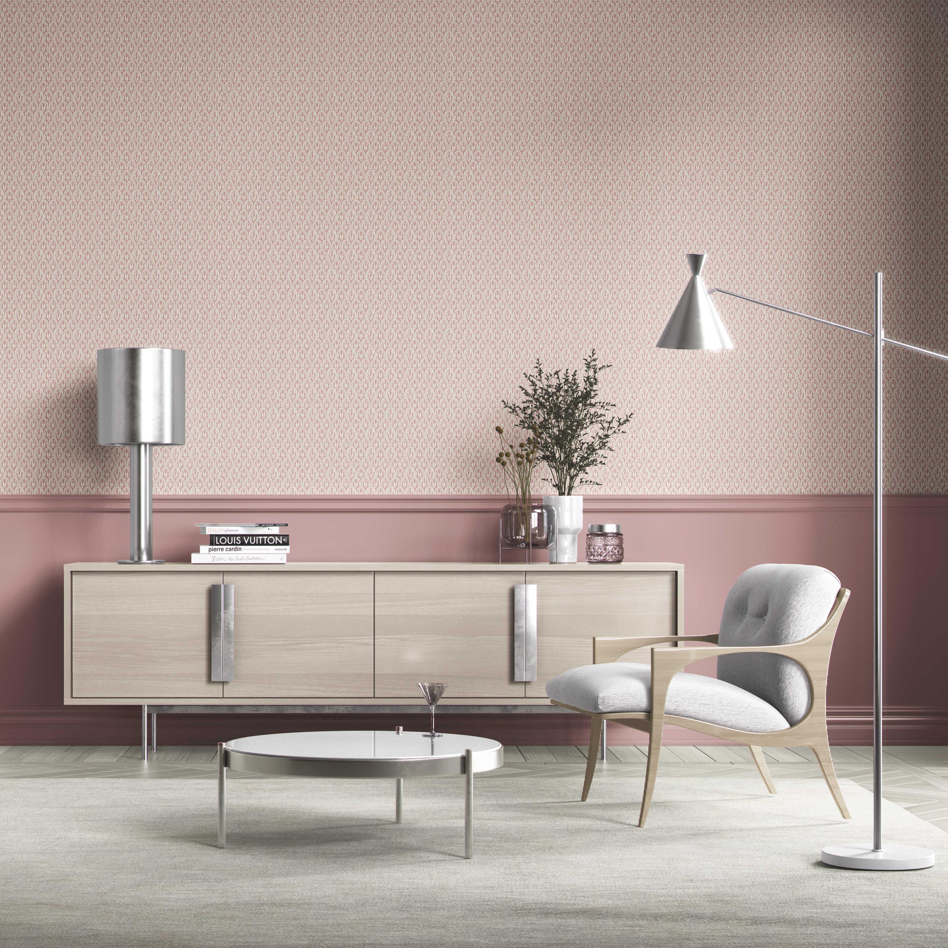 Geometric Scallops Floral Kitchen Wallpaper Sample (Pink/ White)