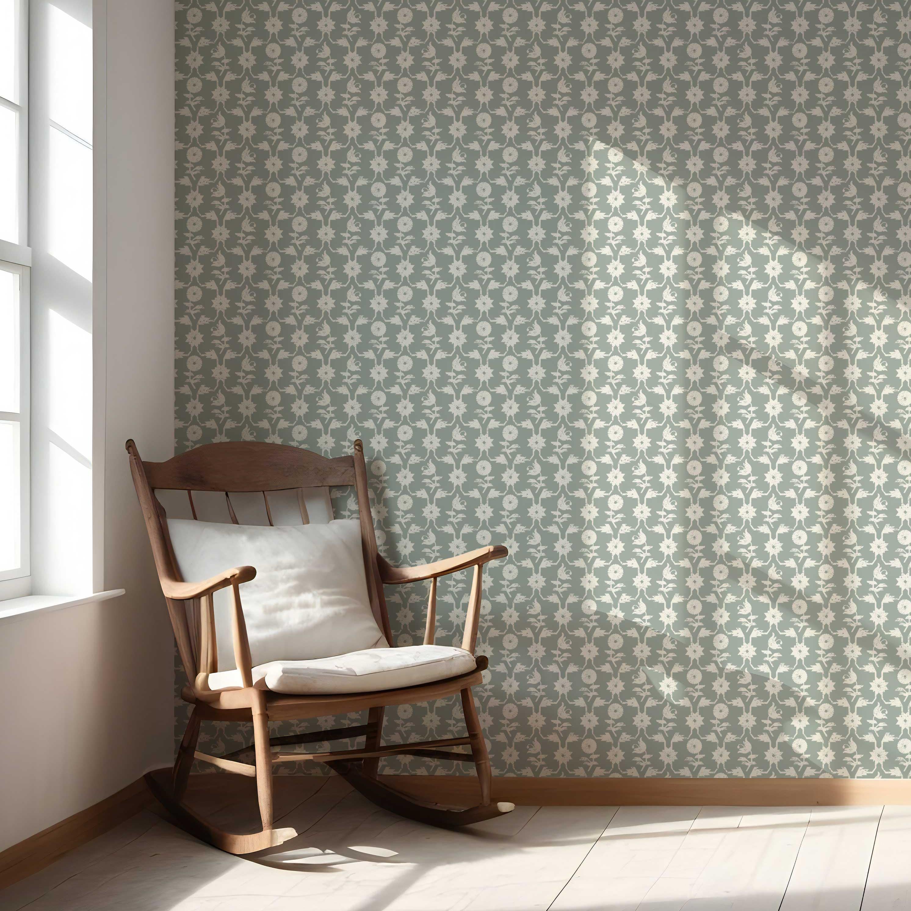 Modern Floral/ Botanical Nursery Wallpaper Sample (Green-Gray/ White)
