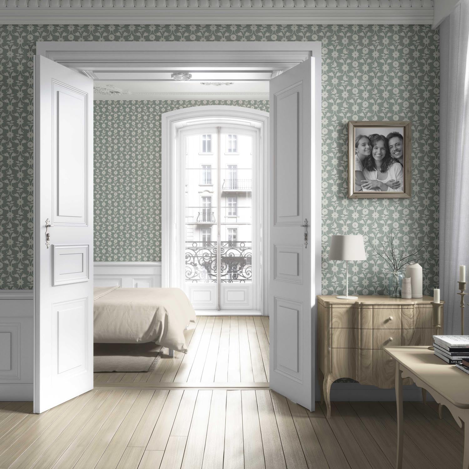 Modern Floral/ Botanical Living Room Wallpaper Sample (Green-Gray/ White)