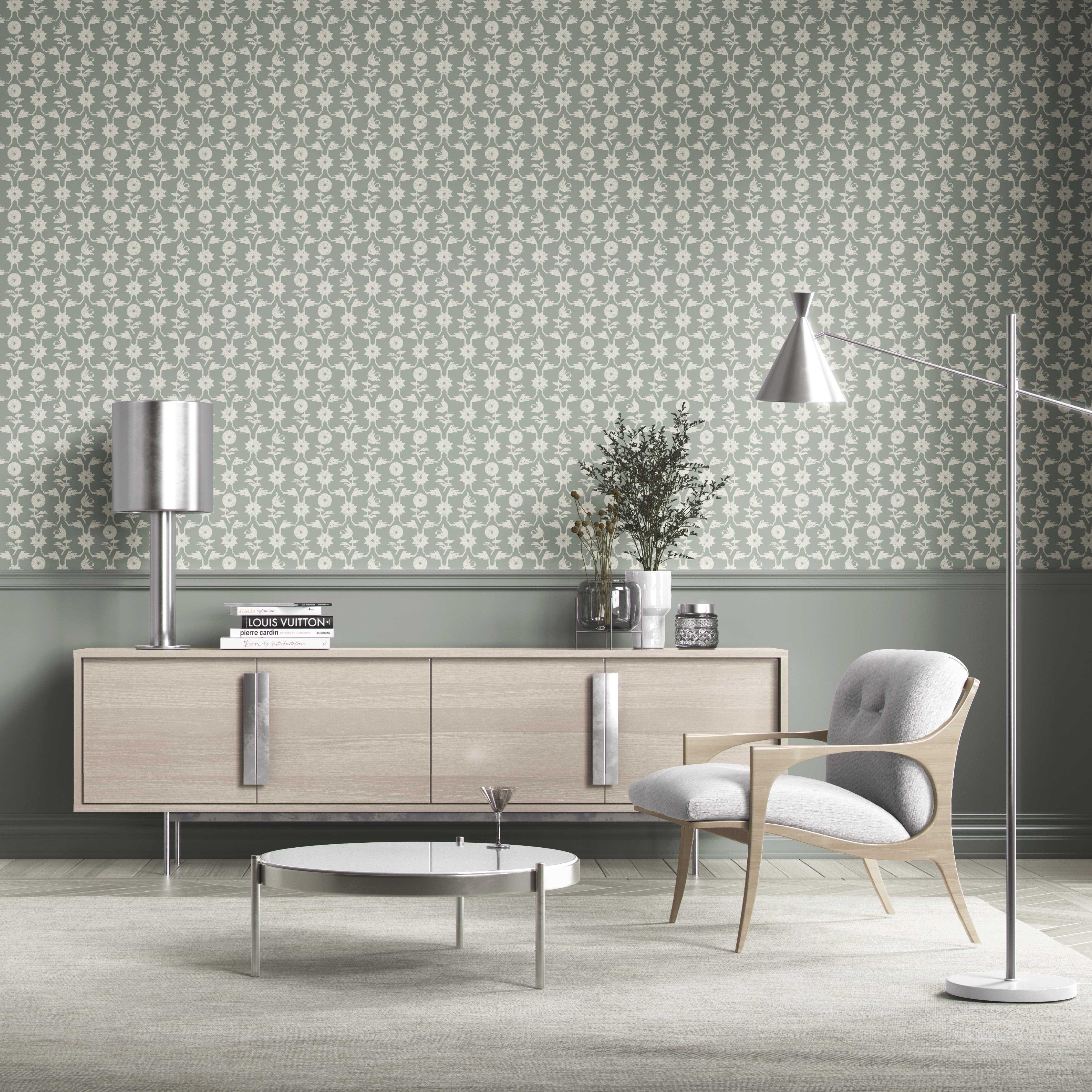 Modern Floral/ Botanical Kitchen Wallpaper Sample (Green-Gray/ White)