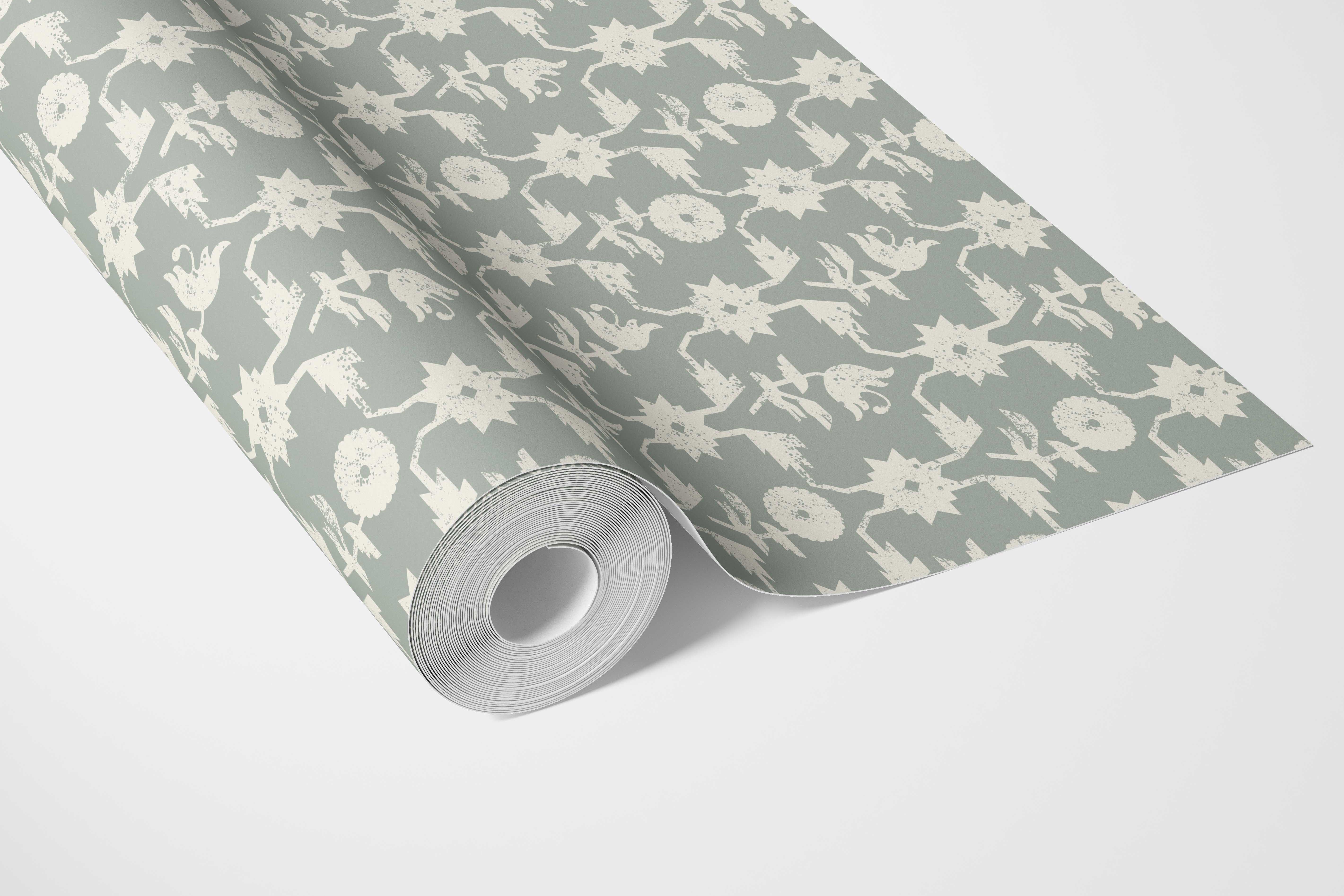 Modern Floral/ Botanical Bathroom Wallpaper Sample (Green-Gray/ White)