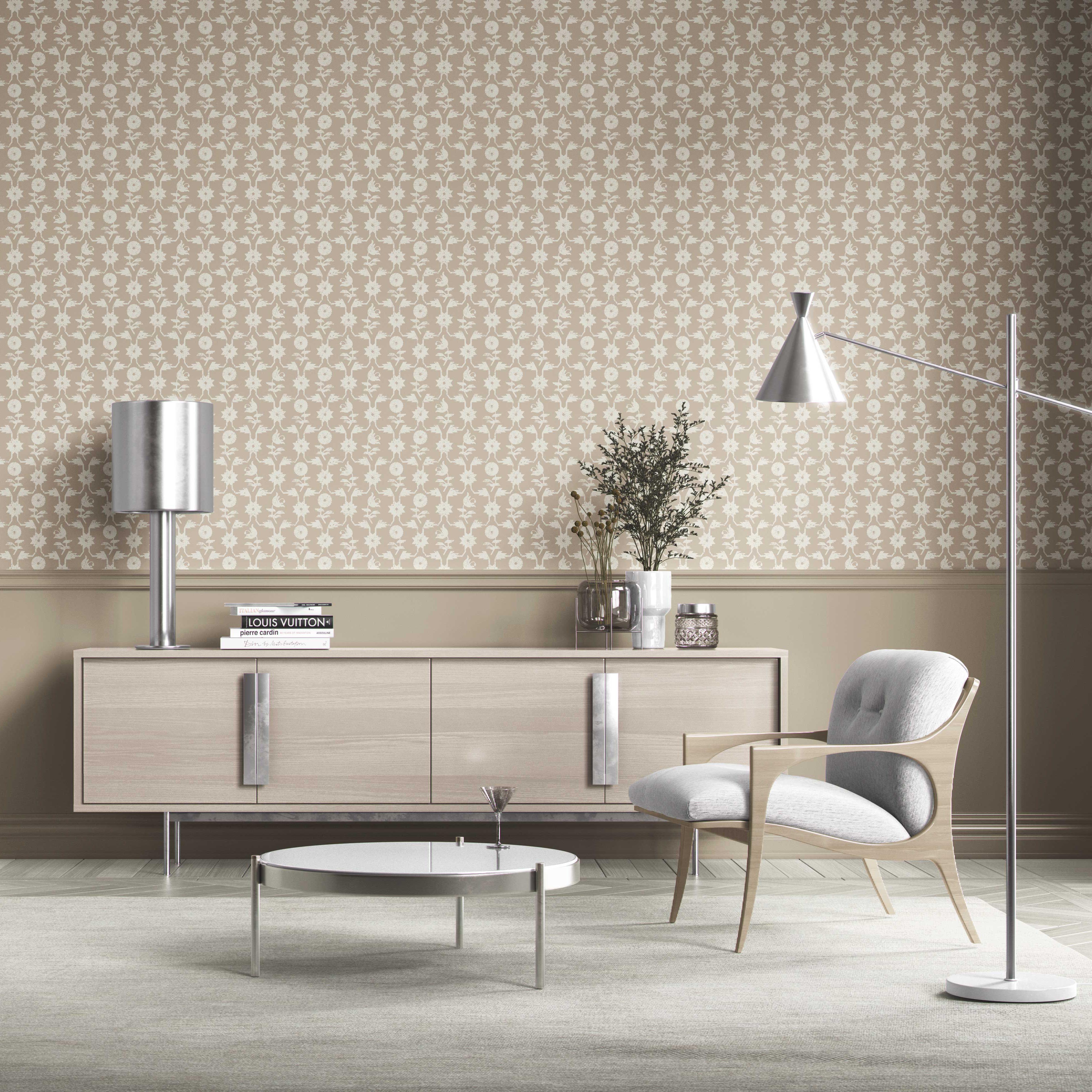 Neutral Toned Modern Floral/ Botanical Kitchen Wallpaper Sample (Beige/ White)