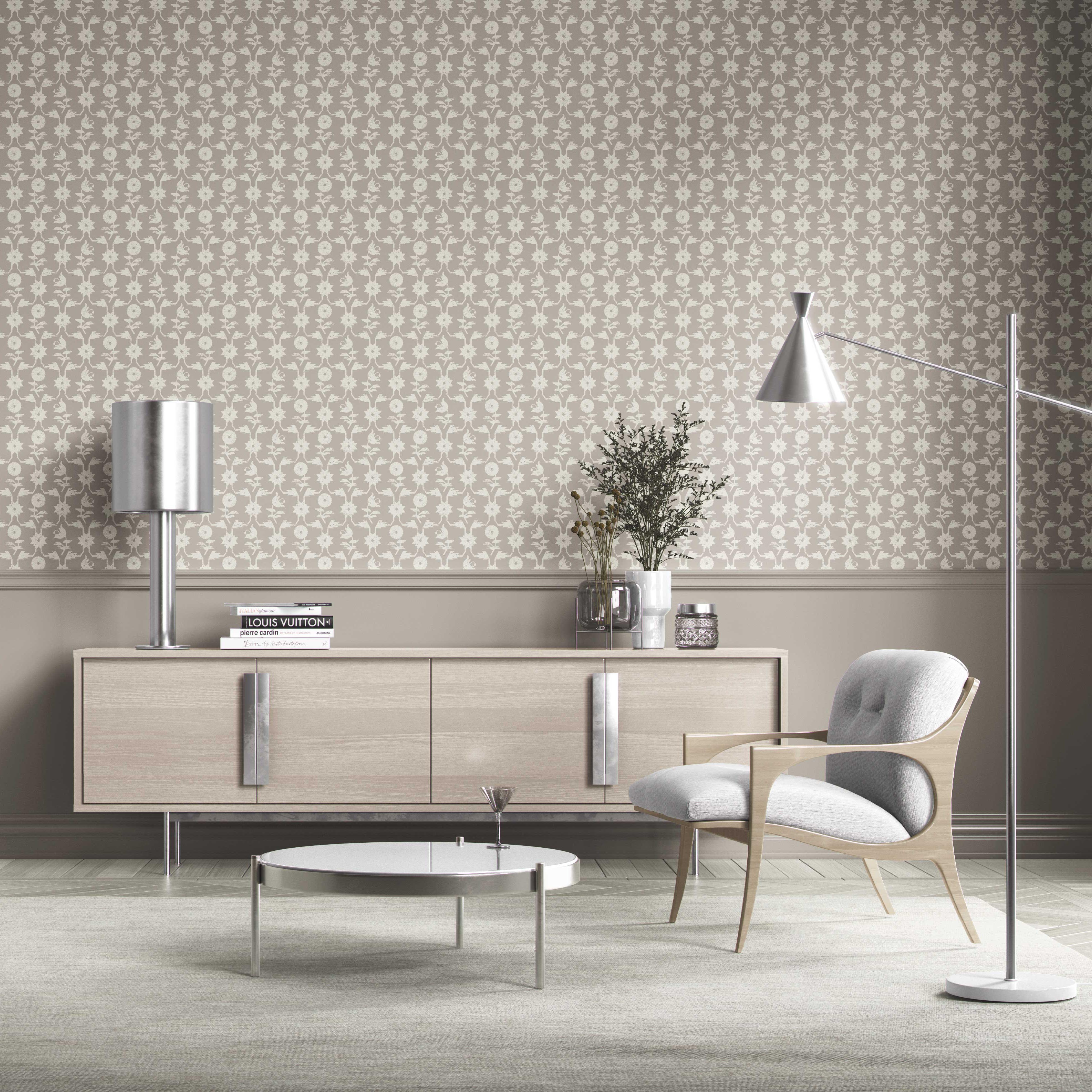 Neutral Toned Modern Floral/ Botanical Kitchen Wallpaper Sample (Gray/ Greige/ White)