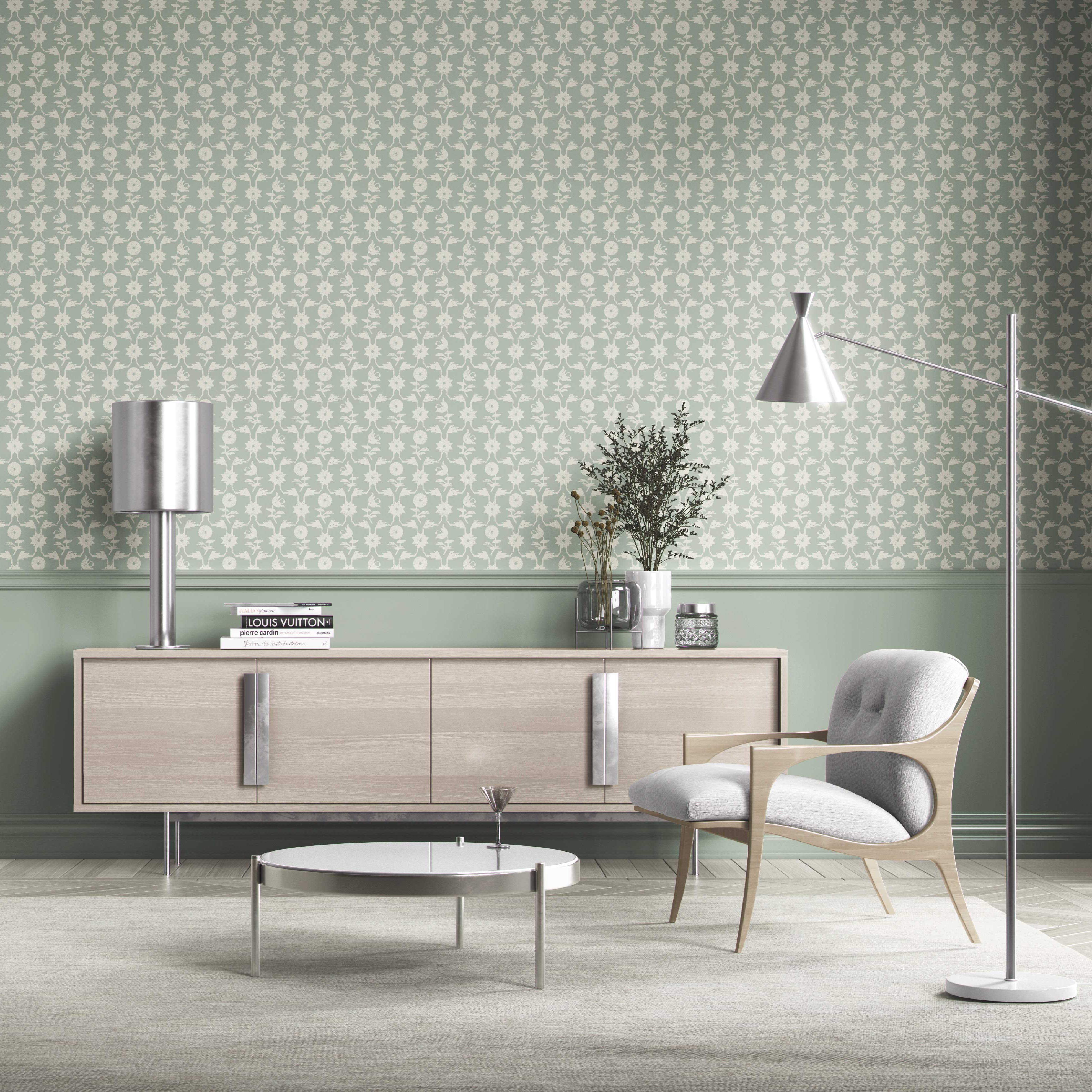 Modern Floral Botanical Kitchen Wallpaper Sample (Green/ White)