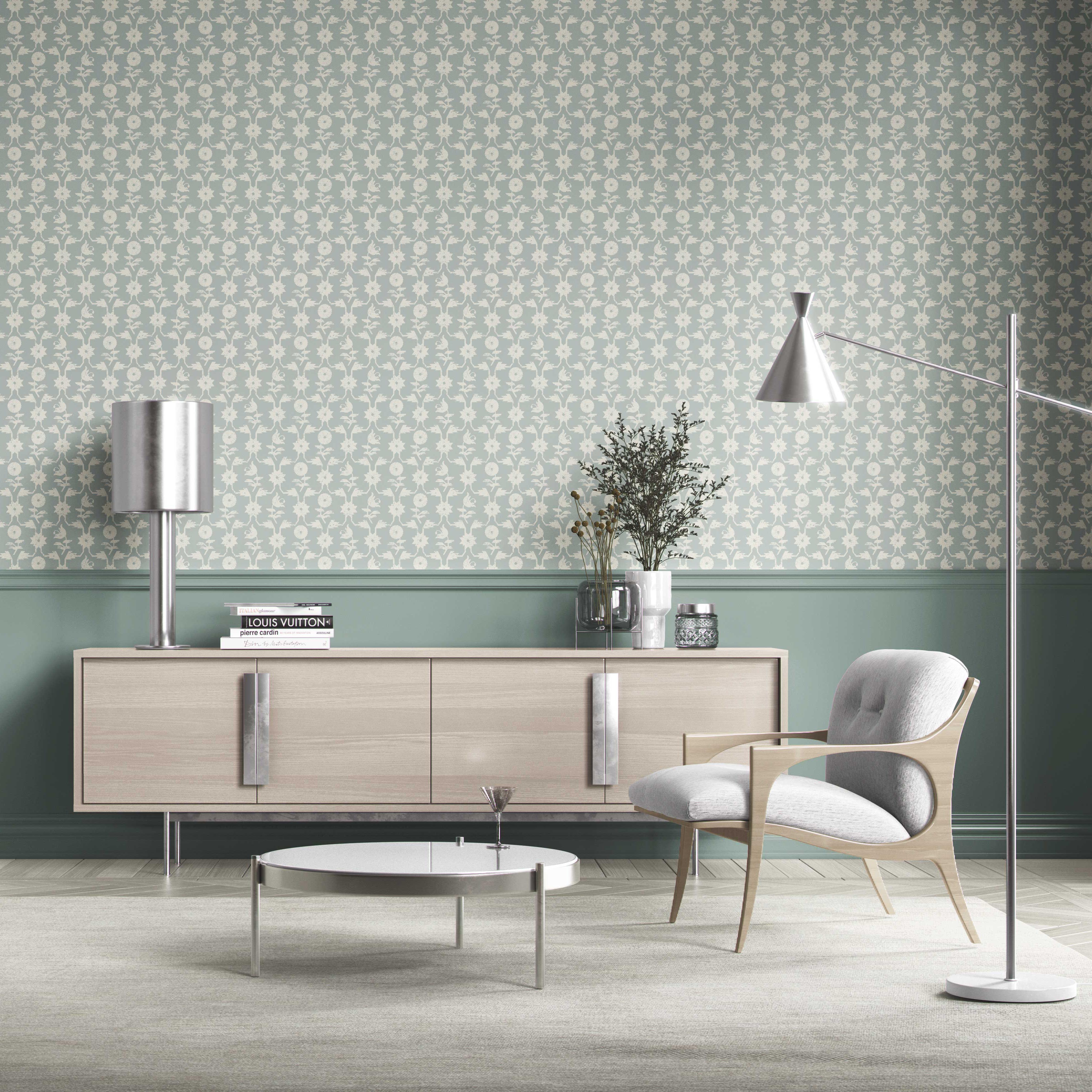 Modern Floral Botanical Kitchen Wallpaper Sample (Duck Egg Blue/ White)