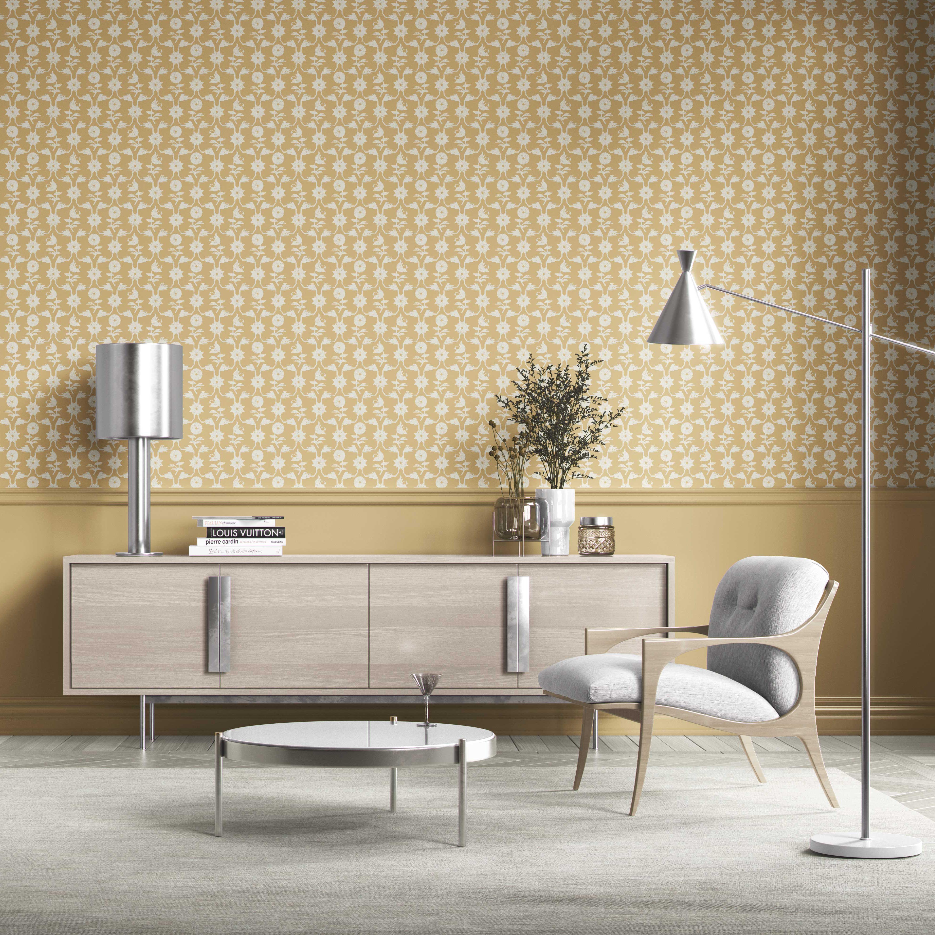 Modern Floral Botanical Kitchen Wallpaper Sample (Yellow/ White)