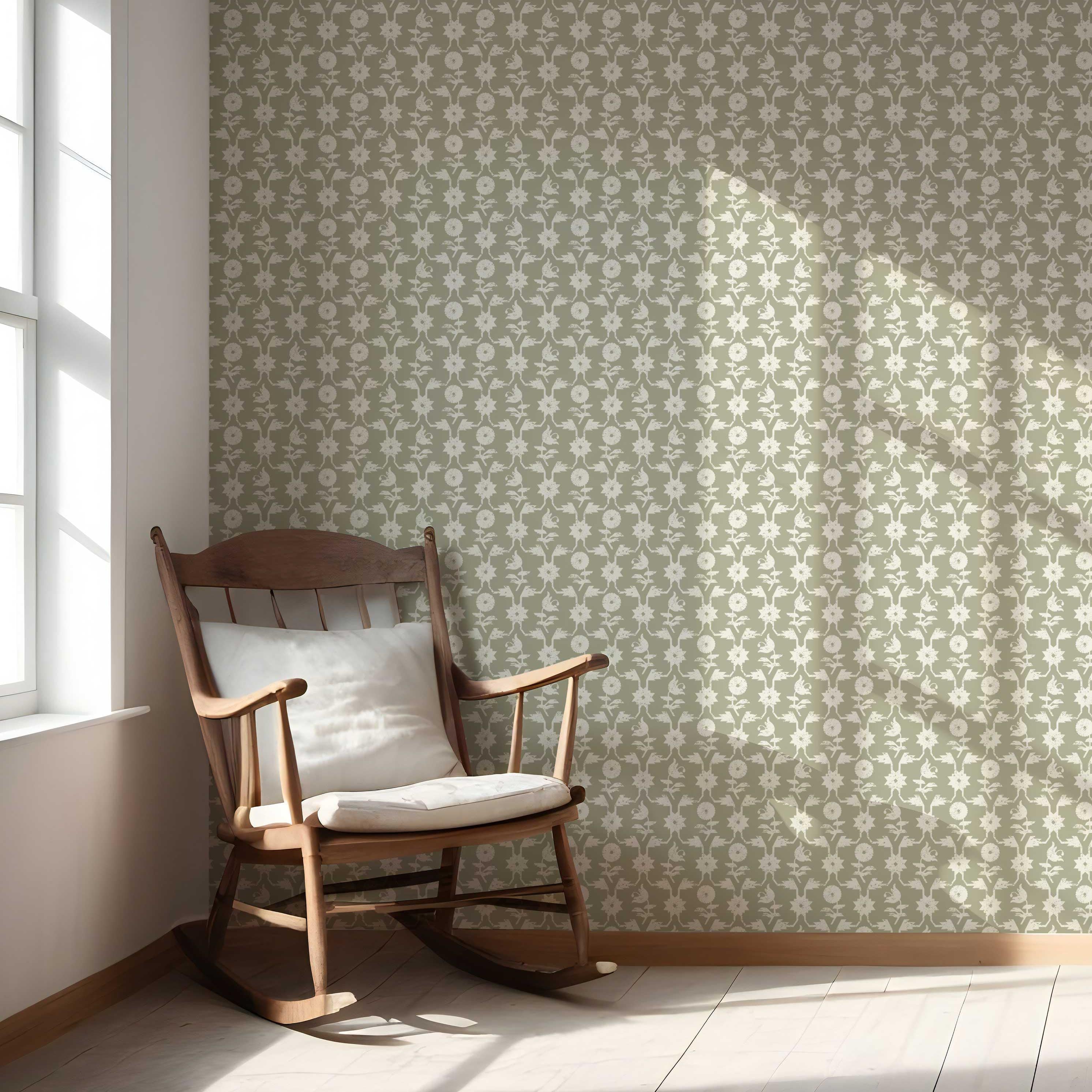 Modern Floral Botanical Nursery Wallpaper Sample (Khaki Green/ White)