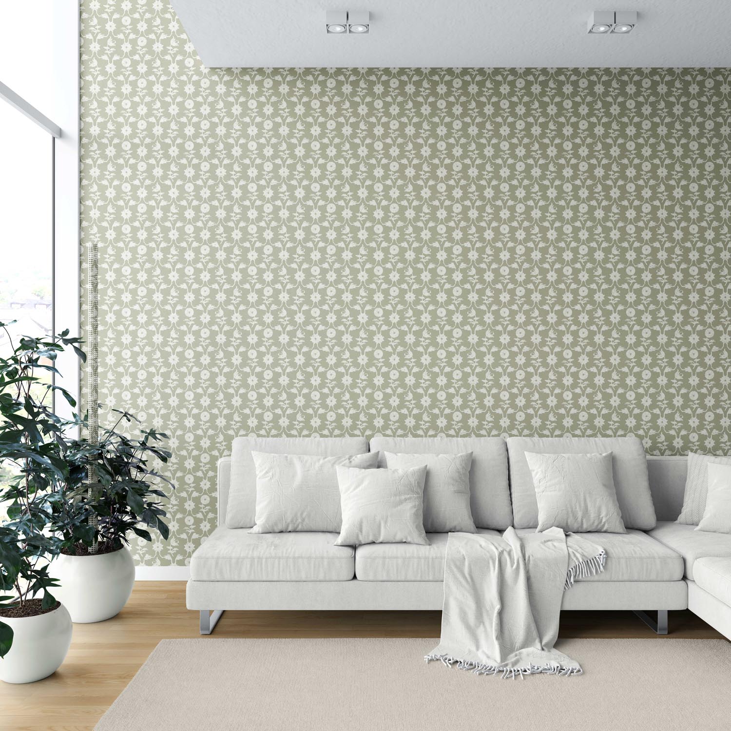 Modern Floral Botanical Shower Toilet Wallpaper (Khaki Green/ White)