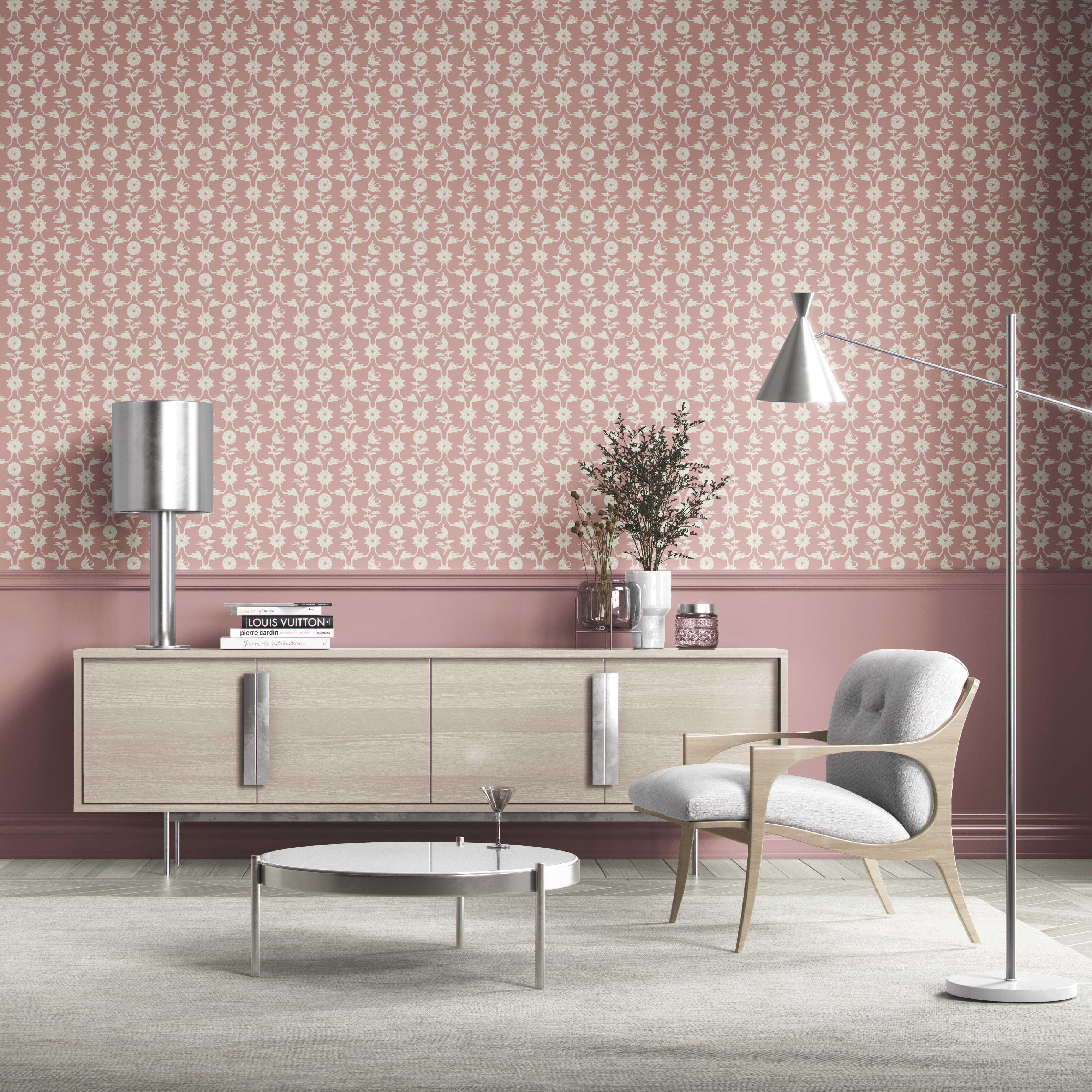 Modern Floral Botanical Kitchen Wallpaper Sample (Pink/ White)