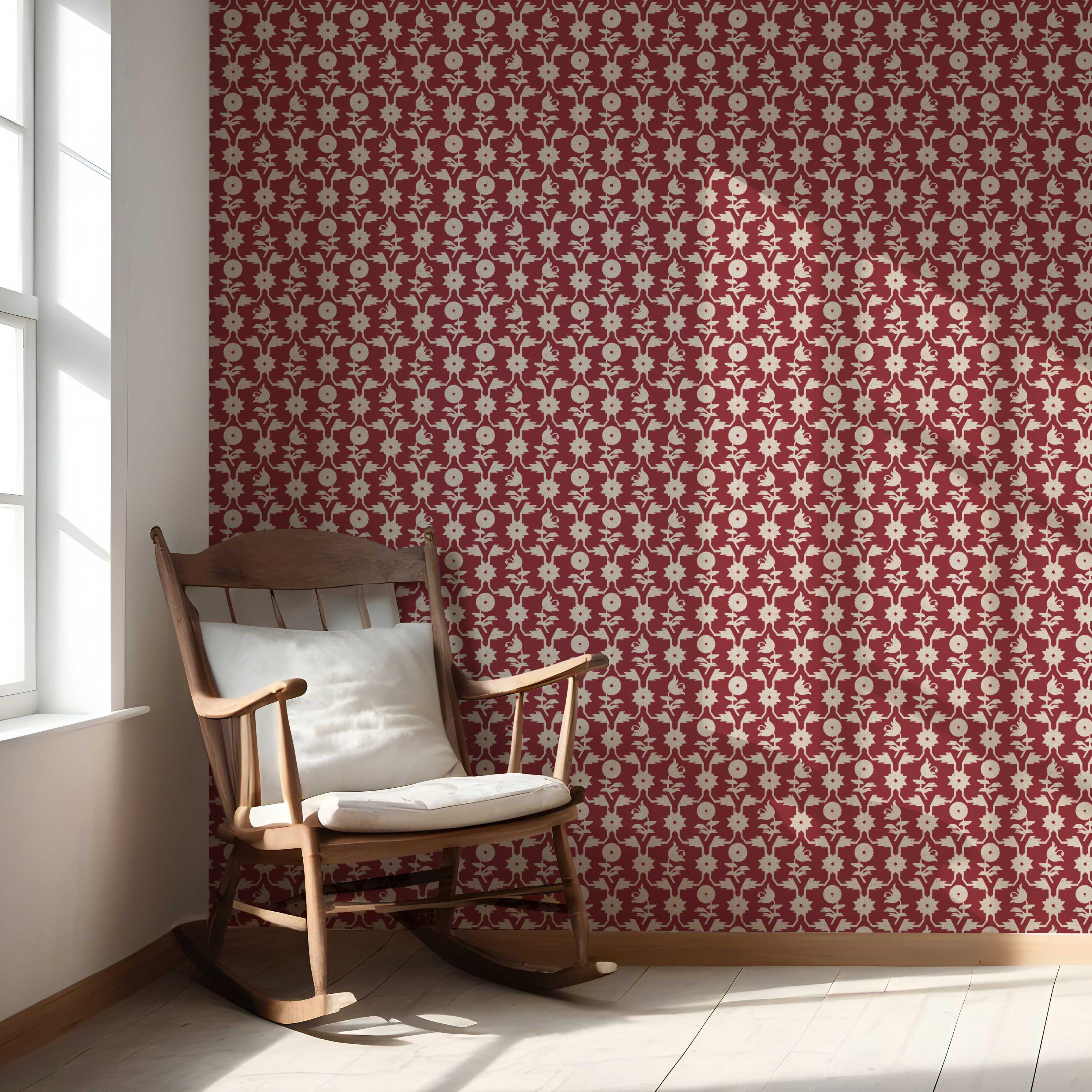 Modern Floral Botanical Nursery Wallpaper Sample (Deep Red/ Off-White)