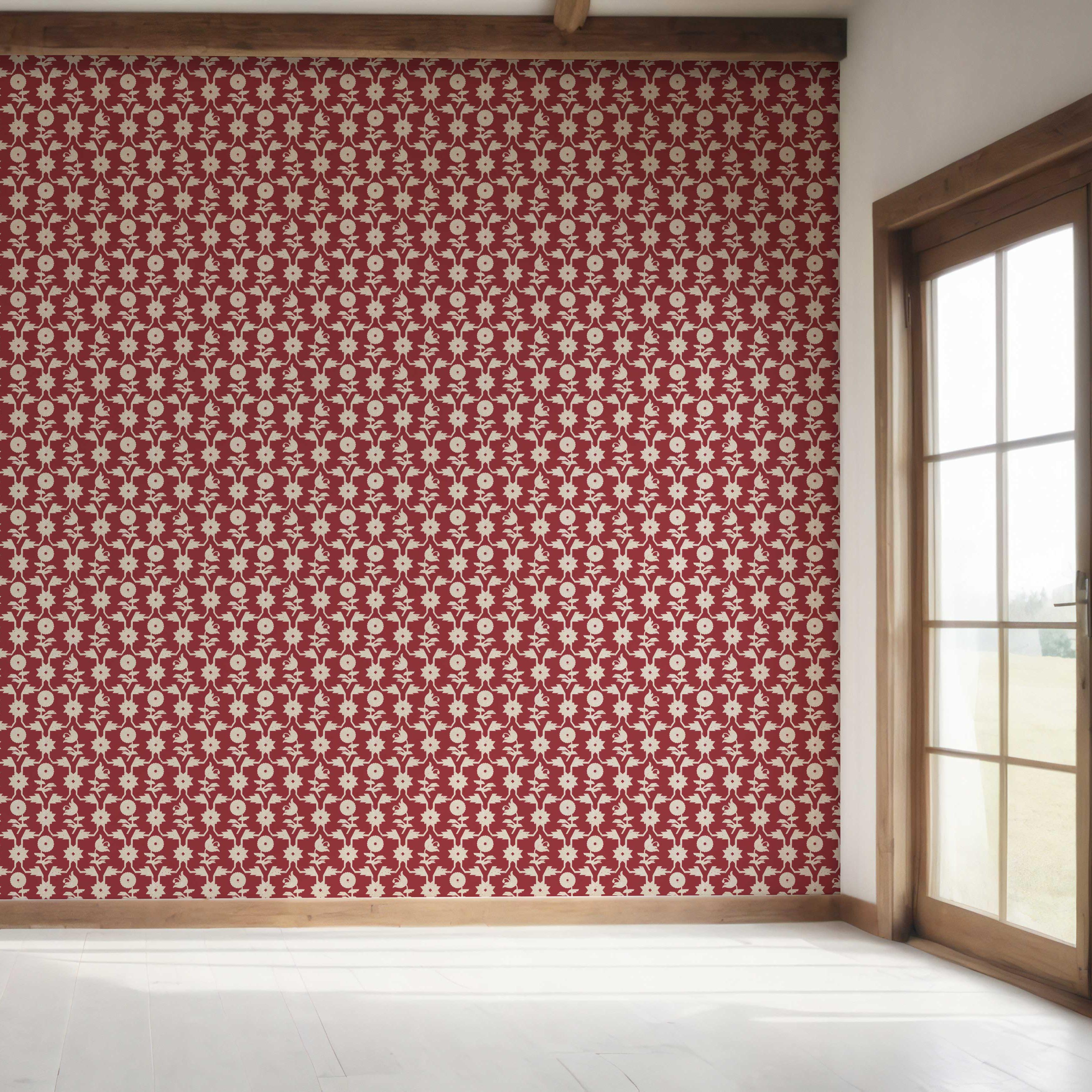 Modern Floral Botanical Bedroom Wallpaper Sample (Deep Red/ Off-White)