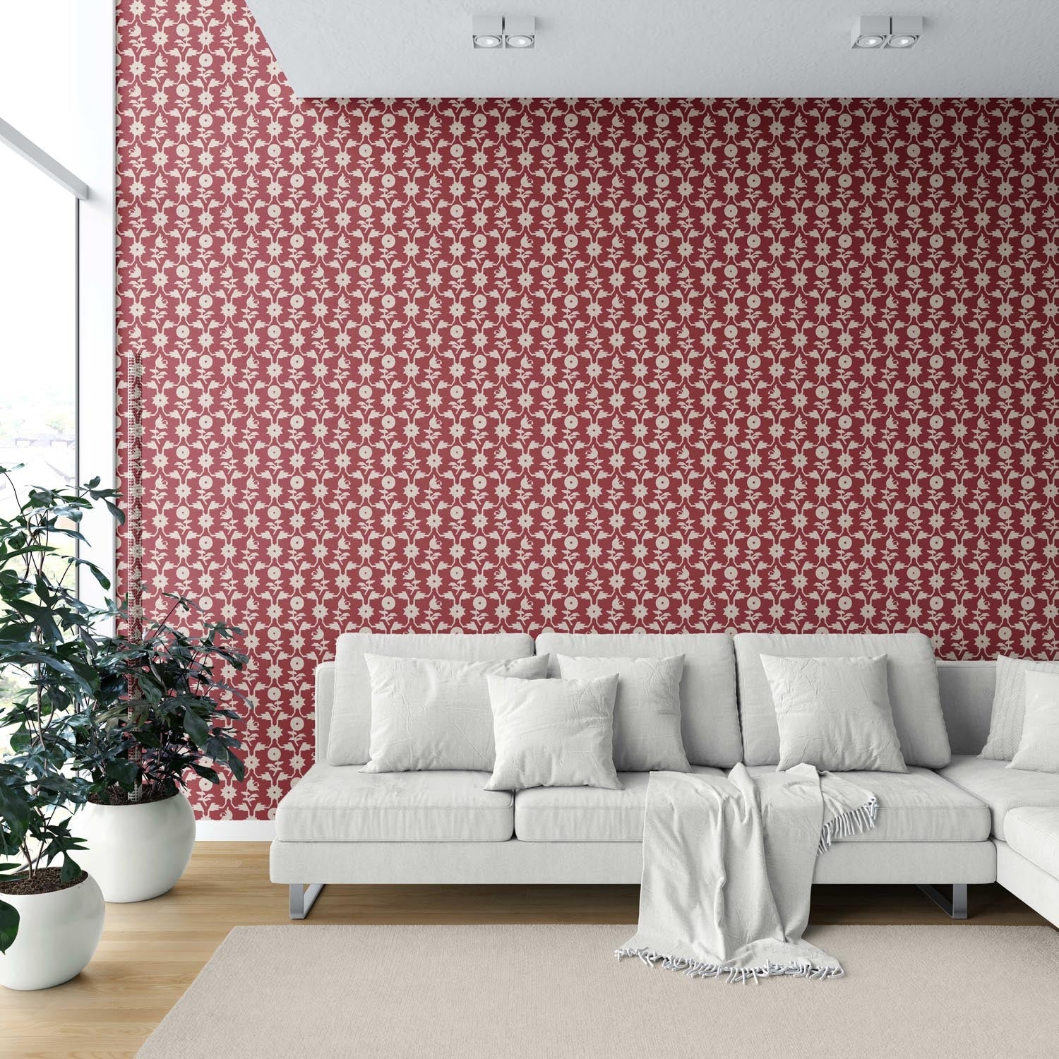 Modern Floral Botanical Shower Toilet Wallpaper Sample (Deep Red/ Off-White)