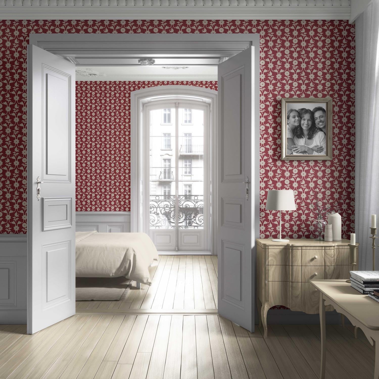 Modern Floral Botanical Living Room Wallpaper Sample (Deep Red/ Off-White)