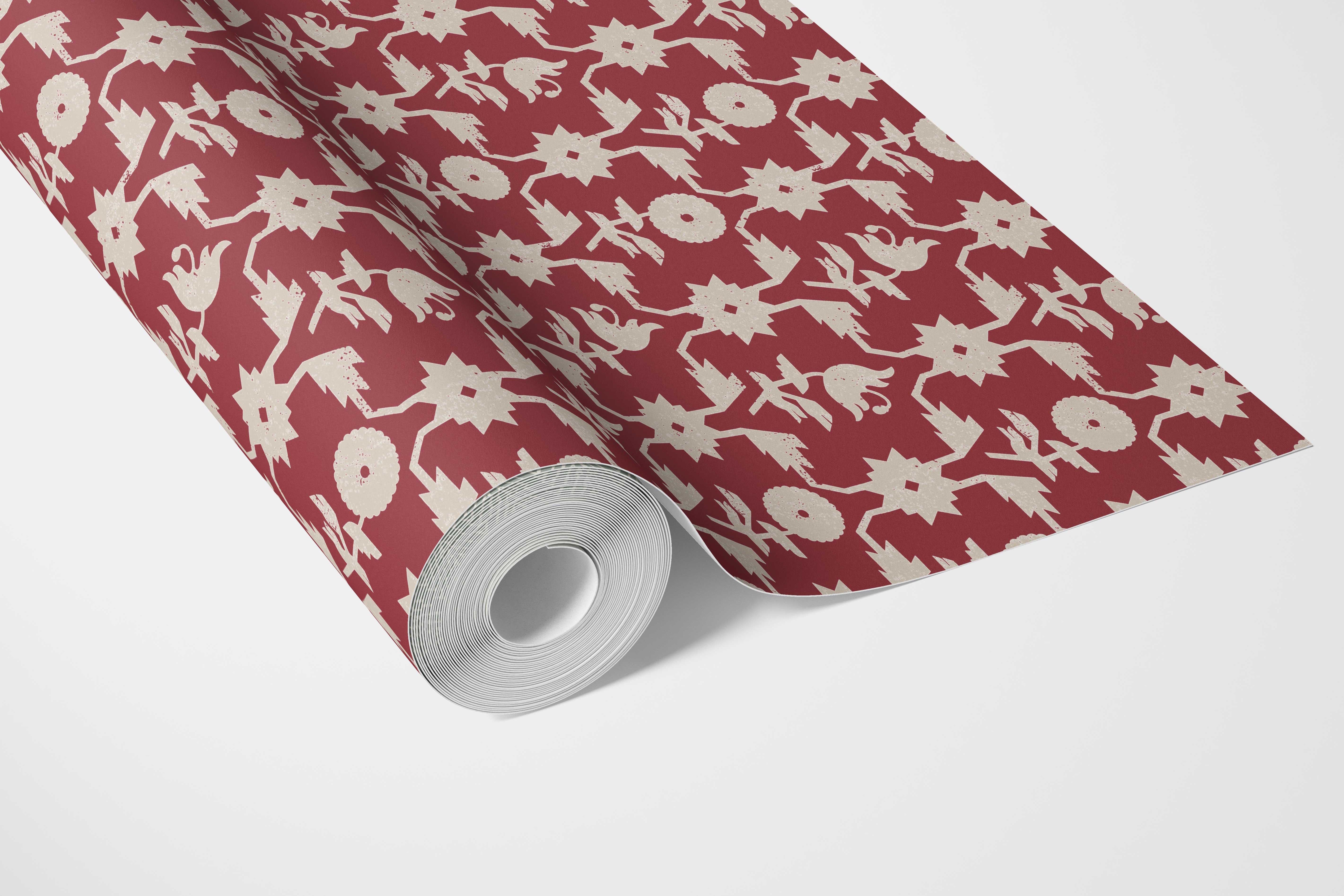 Modern Floral Botanical Bathroom Wallpaper Sample (Deep Red/ Off-White)