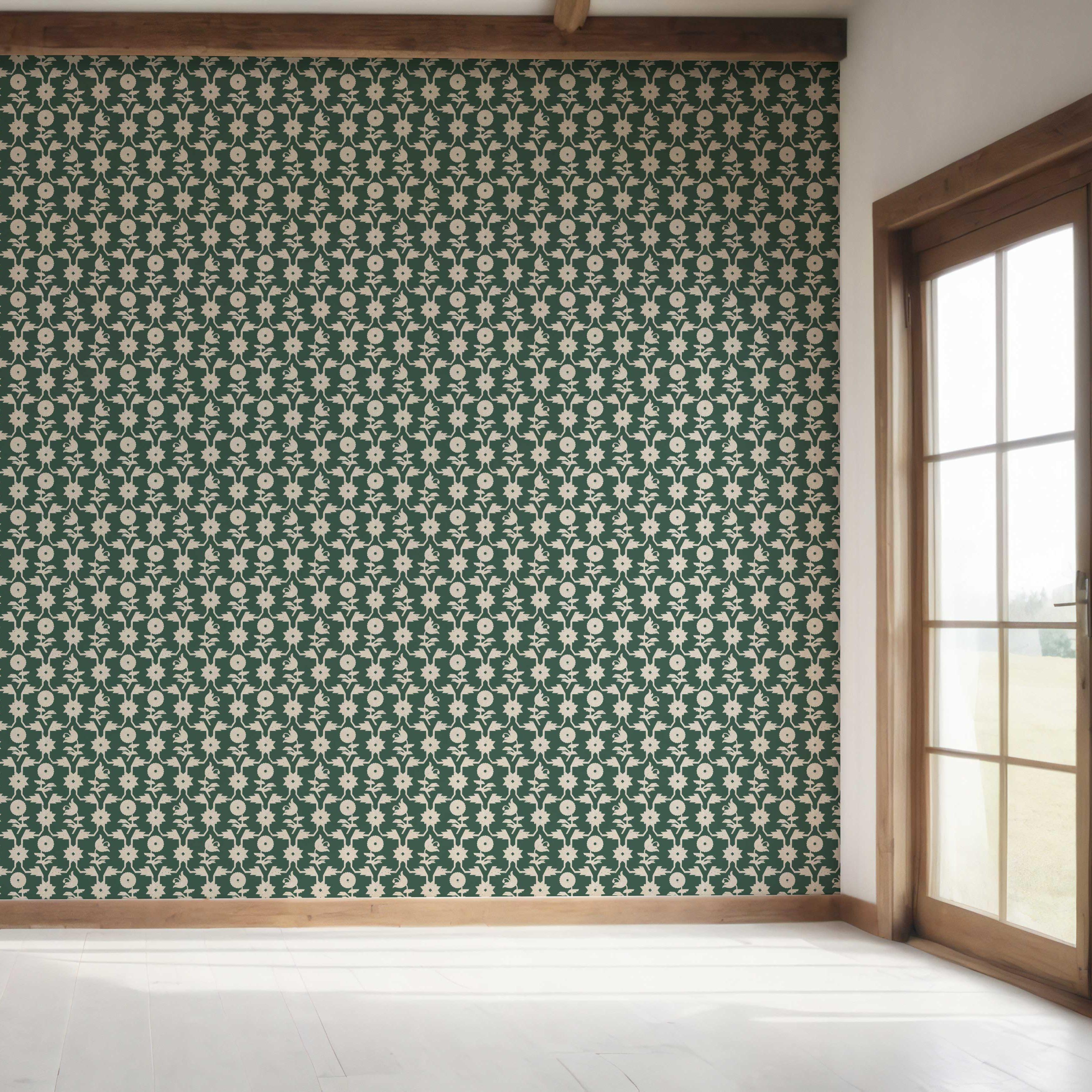 Modern Floral Botanical Bedroom Wallpaper (Green/ Beige)