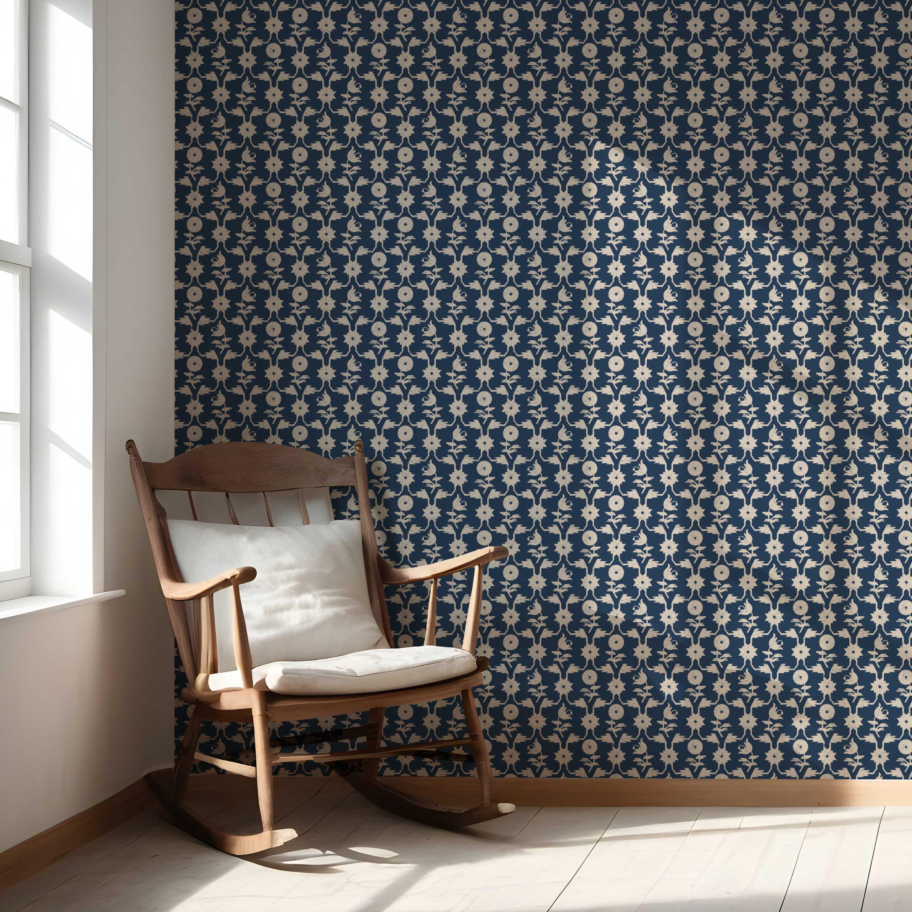 Modern Floral Botanical Nursery Wallpaper Sample (Navy Blue/ Beige)