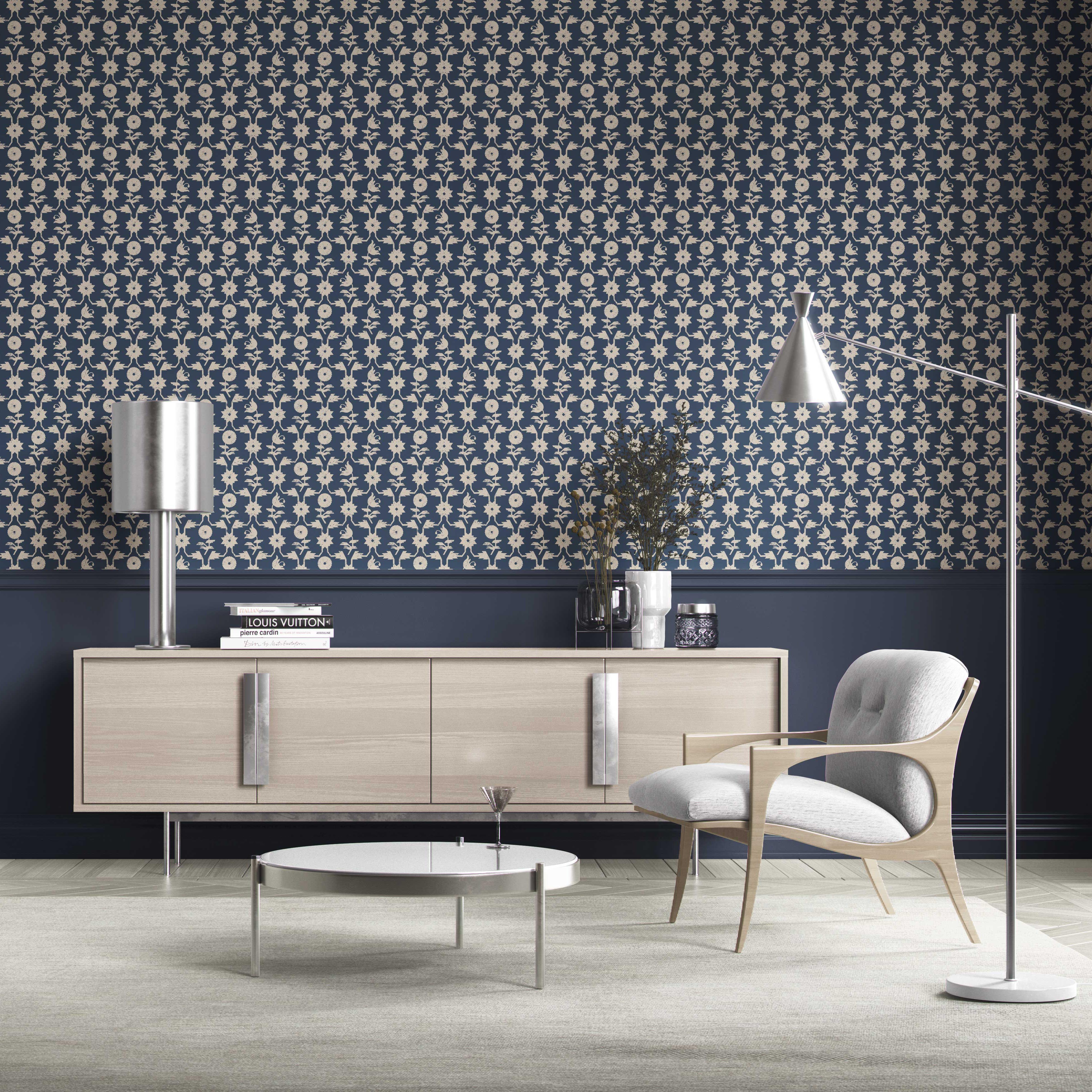 Modern Floral Botanical Kitchen Wallpaper (Navy Blue/ Beige)