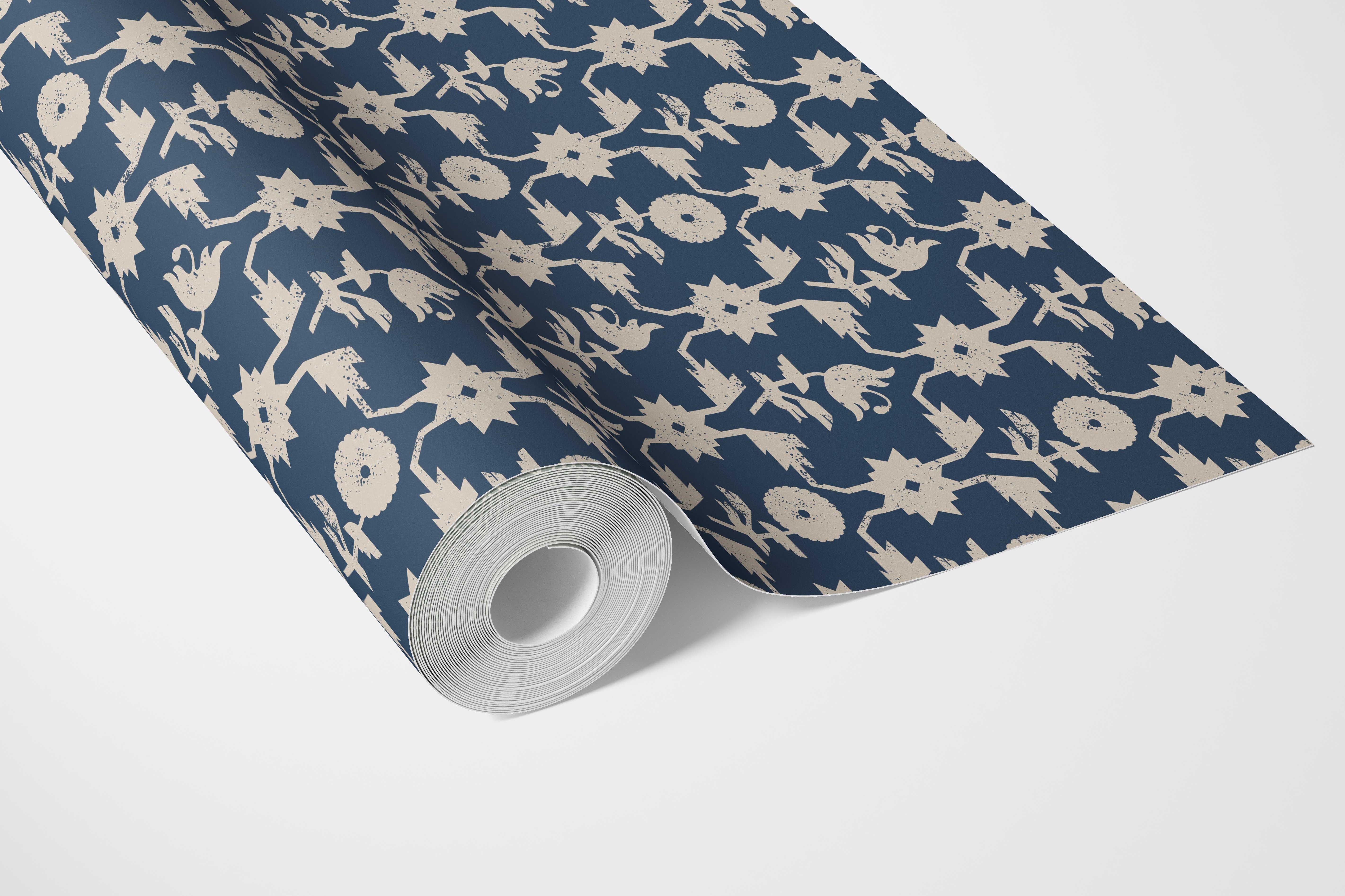 Modern Floral Botanical Bathroom Wallpaper (Navy Blue/ Beige)
