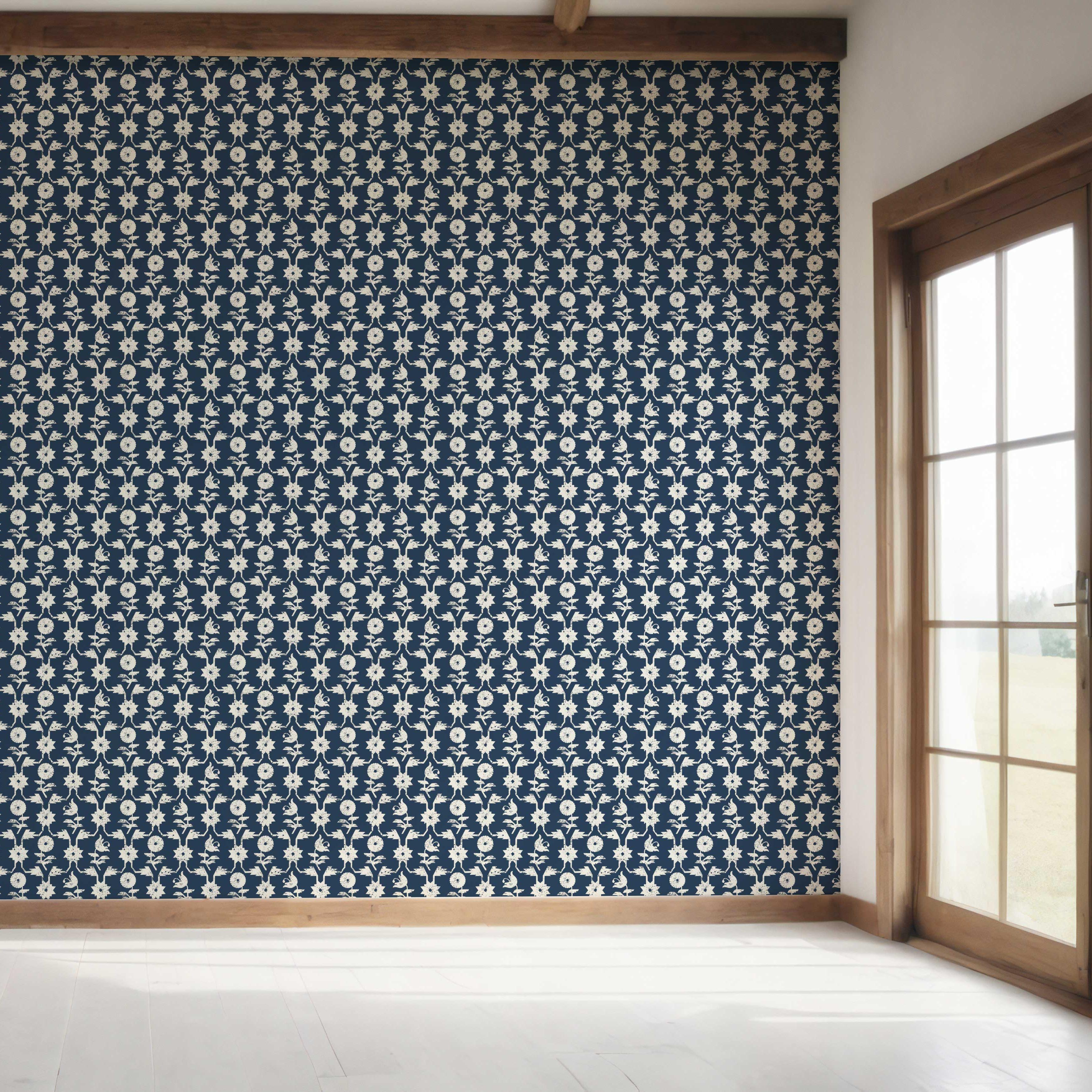 Modern Floral Botanical Bedroom Wallpaper Sample (Navy Blue/ White)