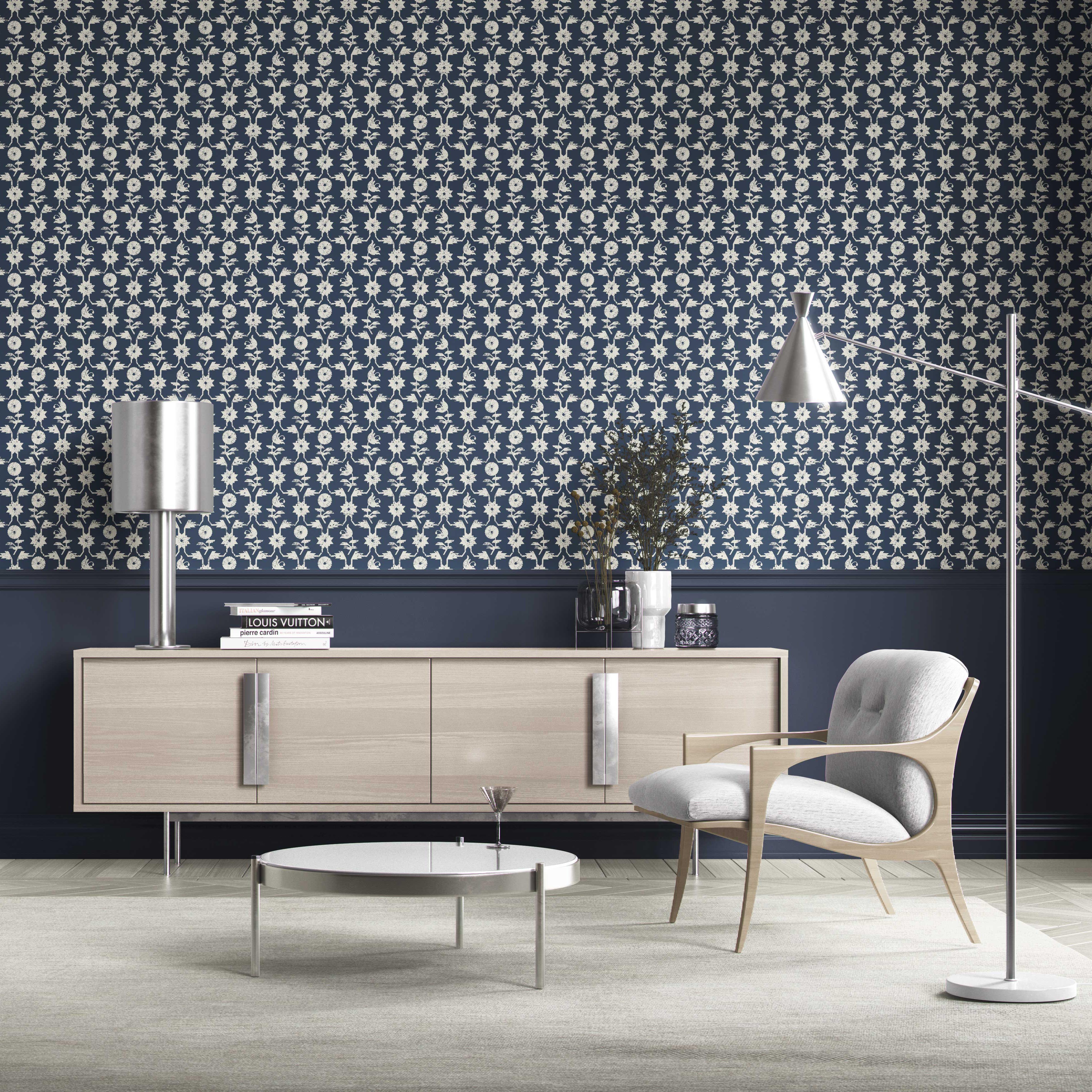 Modern Floral Botanical Kitchen Wallpaper Sample (Navy Blue/ White)