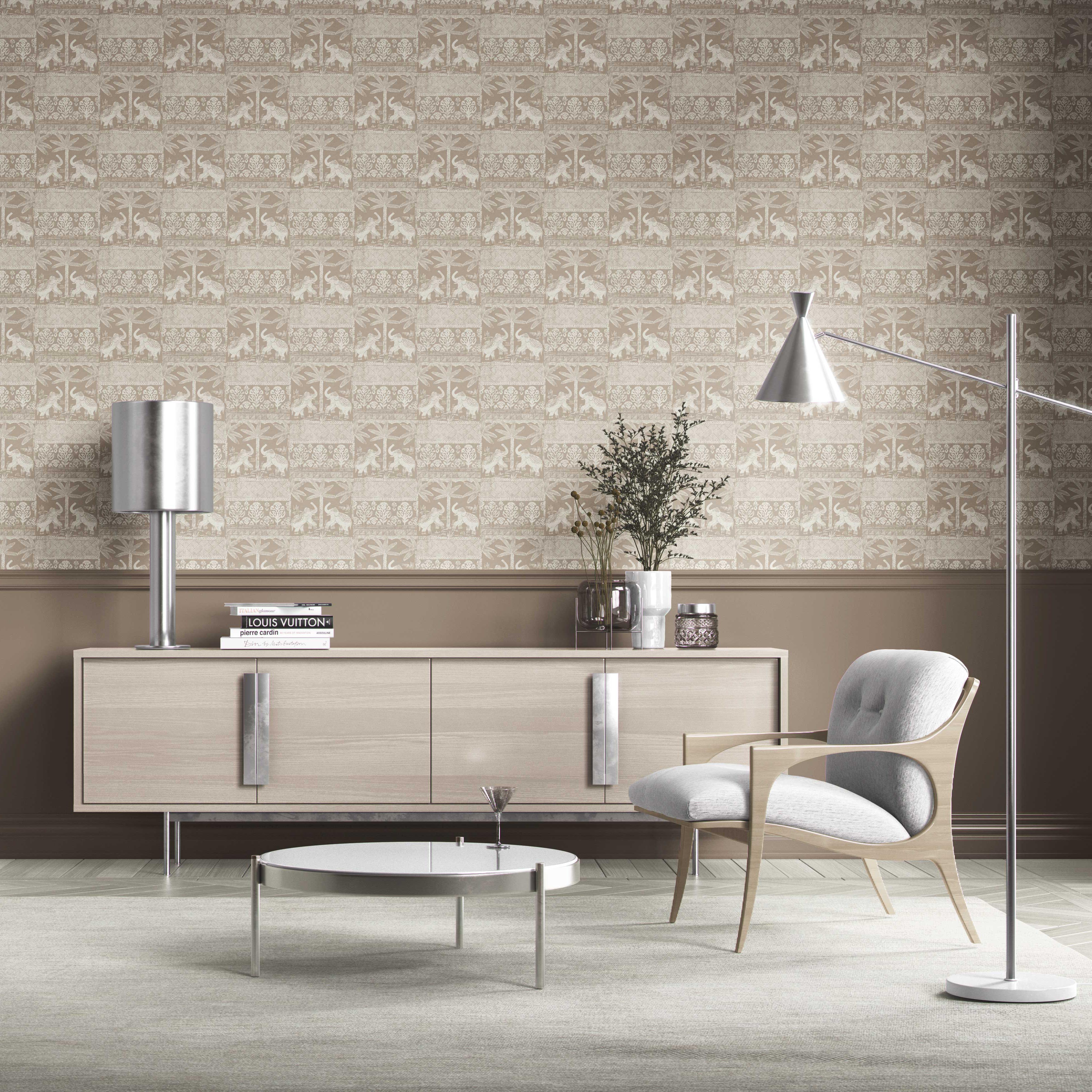Ethnic/ Heritage Elephants & Animals Print Kitchen Wallpaper Sample (Beige/ Brown/ White)