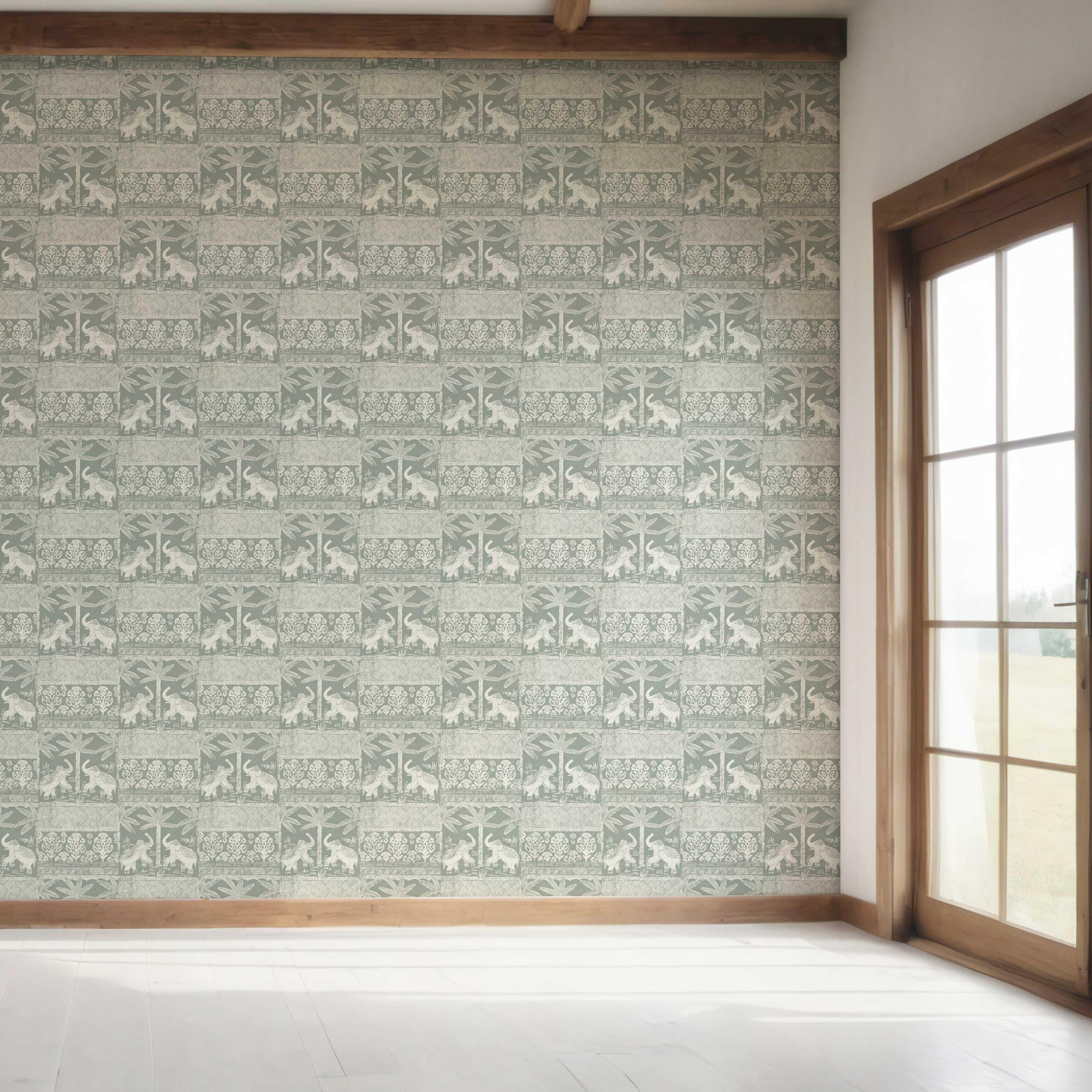 Ethnic/ Heritage Elephants & Animals Print Bedroom Wallpaper (Green-Gray/ White)