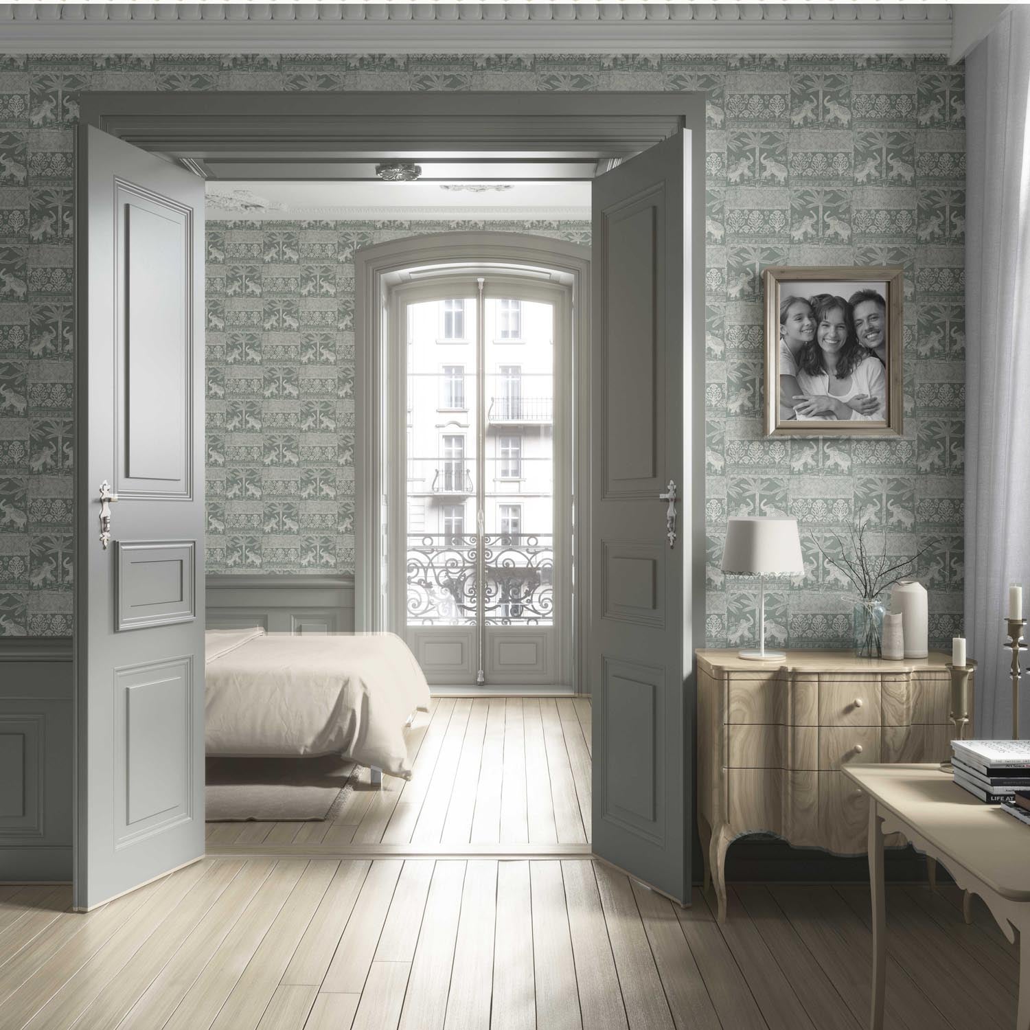 Ethnic/ Heritage Elephants & Animals Print Living Room Wallpaper (Green-Gray/ White)