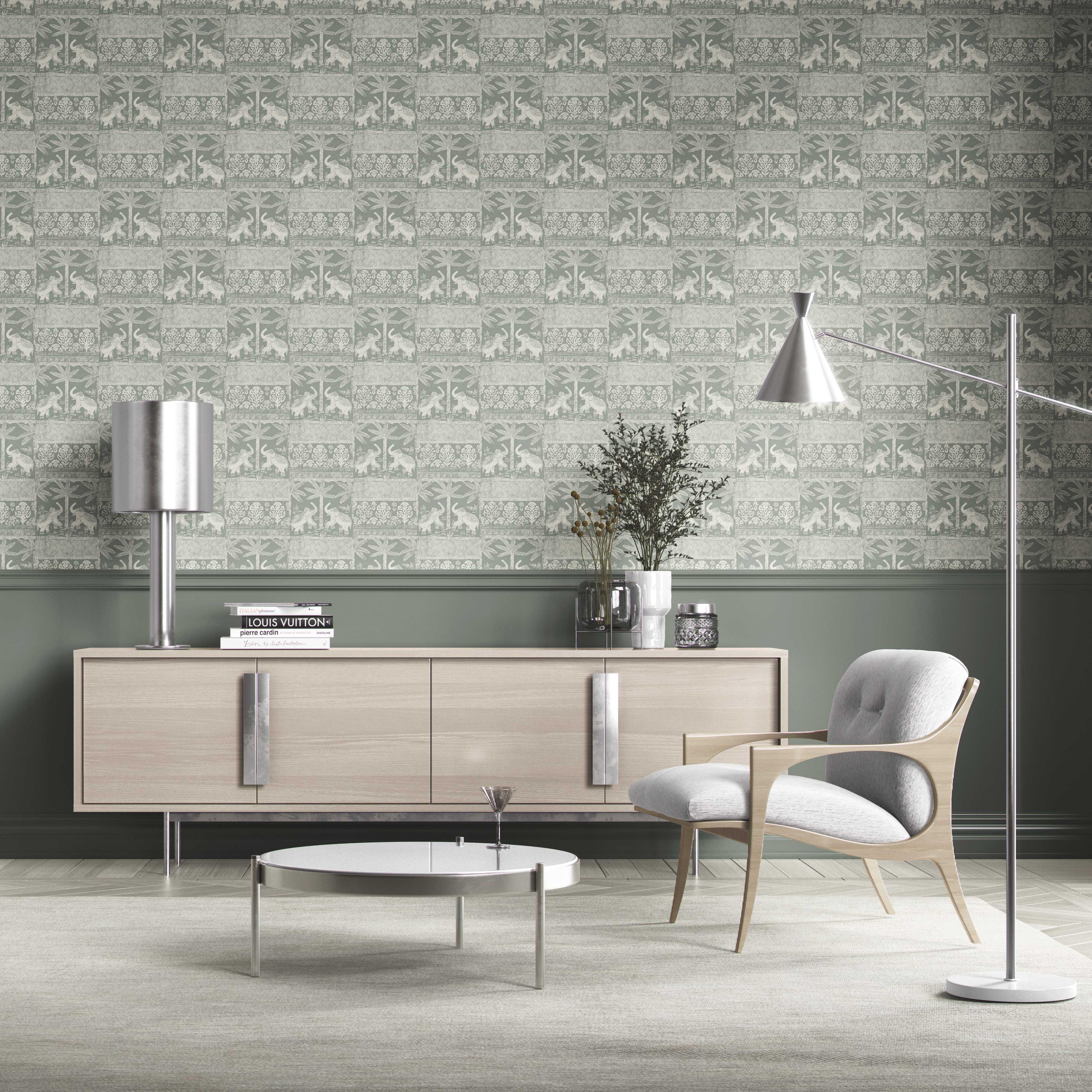 Ethnic/ Heritage Elephants & Animals Print Kitchen Wallpaper (Green-Gray/ White)